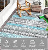 Garvee Outdoor Blue & Grey 5x8 Patio Rug Waterproof Reversible Durable Plastic Straw UV Stable Fade Resistant Eco-Friendly Boho Design for Camping Deck Balcony