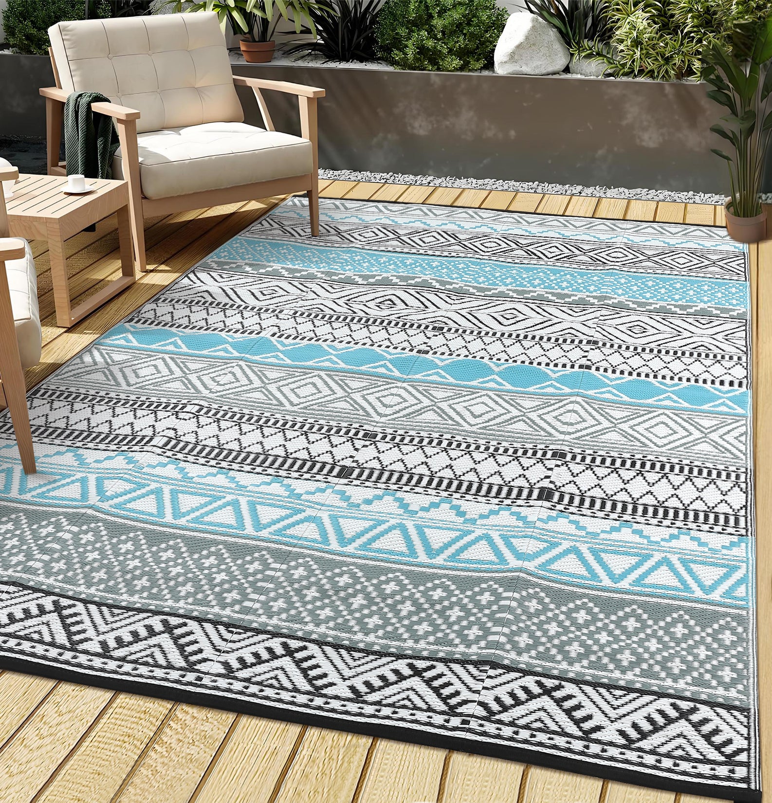 Garvee Outdoor Blue & Grey 6x9 Rugs Waterproof Reversible Durable Polypropylene UV Resistant Portable with Carry Bag for Patio Camping RV