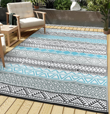 Garvee Outdoor Blue & Grey 6x9 Rugs Waterproof Reversible Durable Polypropylene UV Resistant Portable with Carry Bag for Patio Camping RV