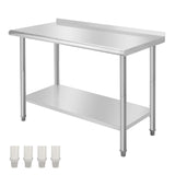 Garvee 48"L x 24"W x 35"H Nsf Commercial Stainless Steel Prep Table Work Table with Backsplash, Adjustable Undershelf, 5 Hooks and Wheels, Heavy Duty Workbench Workstation for Home Kitchen Restaurant Outd - Arc Edge With Rear Baffle / Without Casters