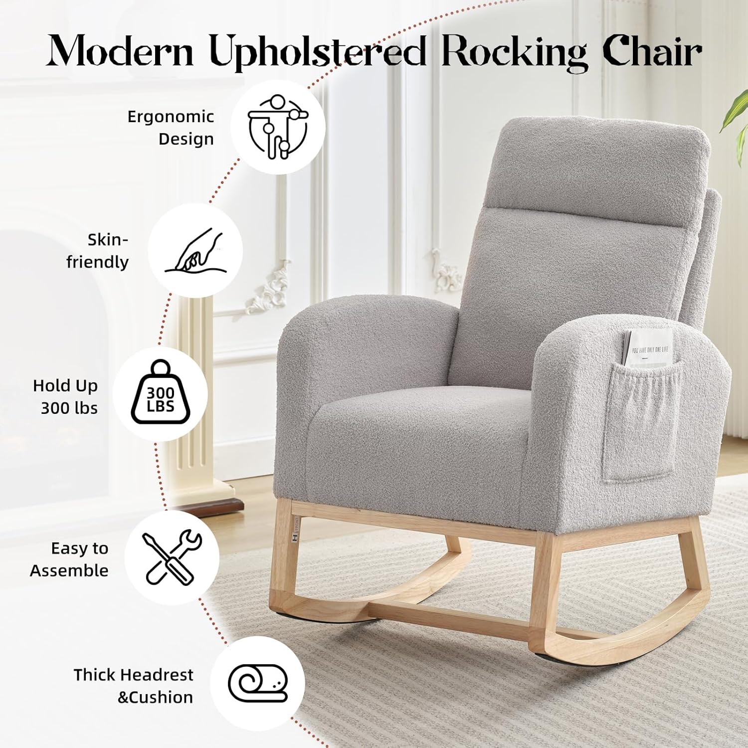 GARVEE Upholstered Glider Chair with Side Pocket for Living Room