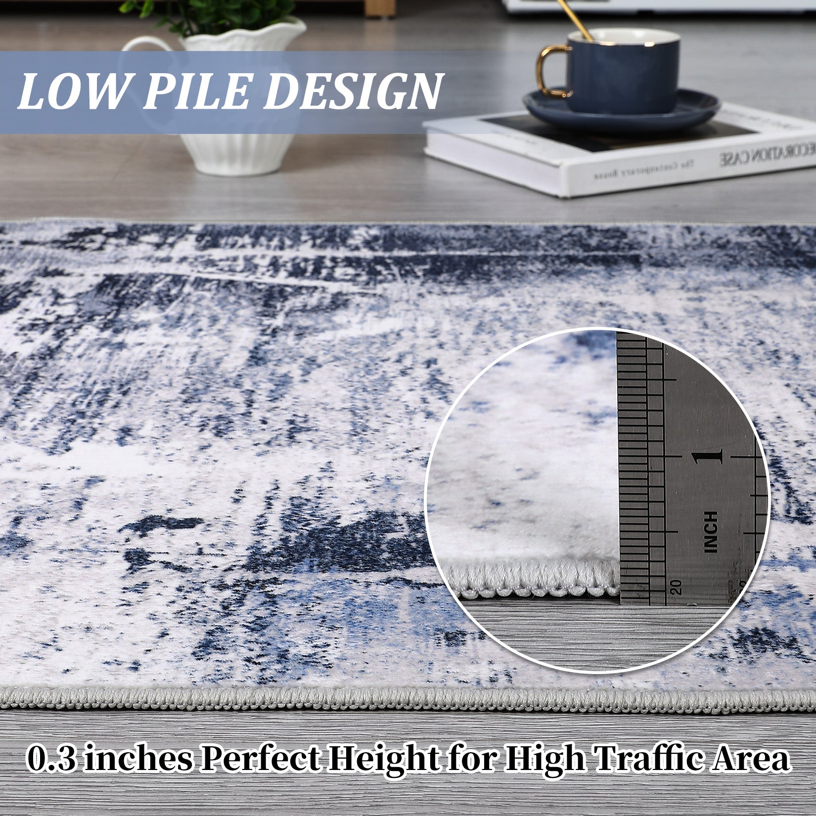 Garvee Boho Floral Bedroom Rug 9'x12' - Washable, Non-Slip, Low Pile Faux Wool - Soft, Durable, Pet-Friendly - Blue, Small - Living Room, Bedroom