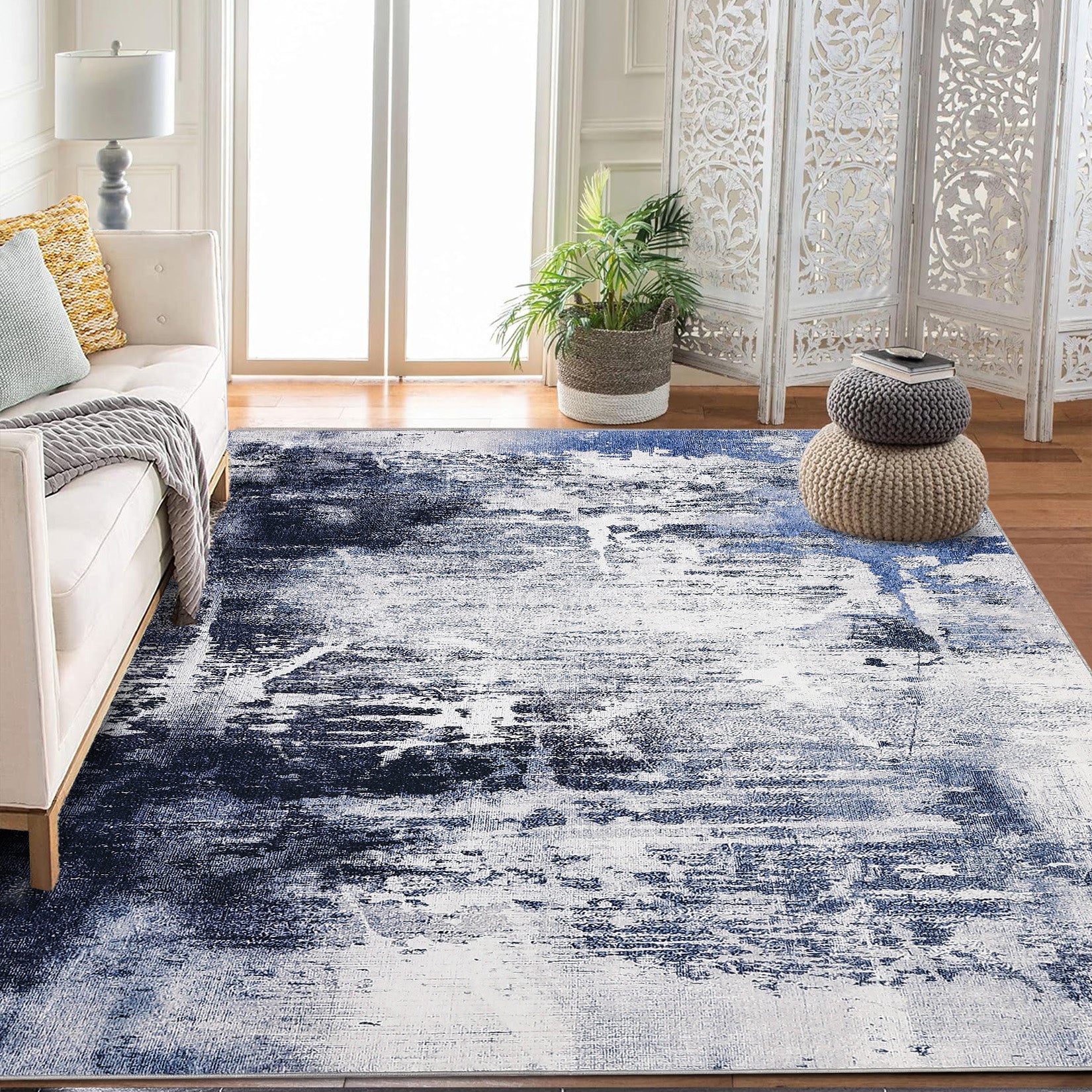 Garvee Boho Floral Bedroom Rug 9'x12' - Washable, Non-Slip, Low Pile Faux Wool - Soft, Durable, Pet-Friendly - Blue, Small - Living Room, Bedroom
