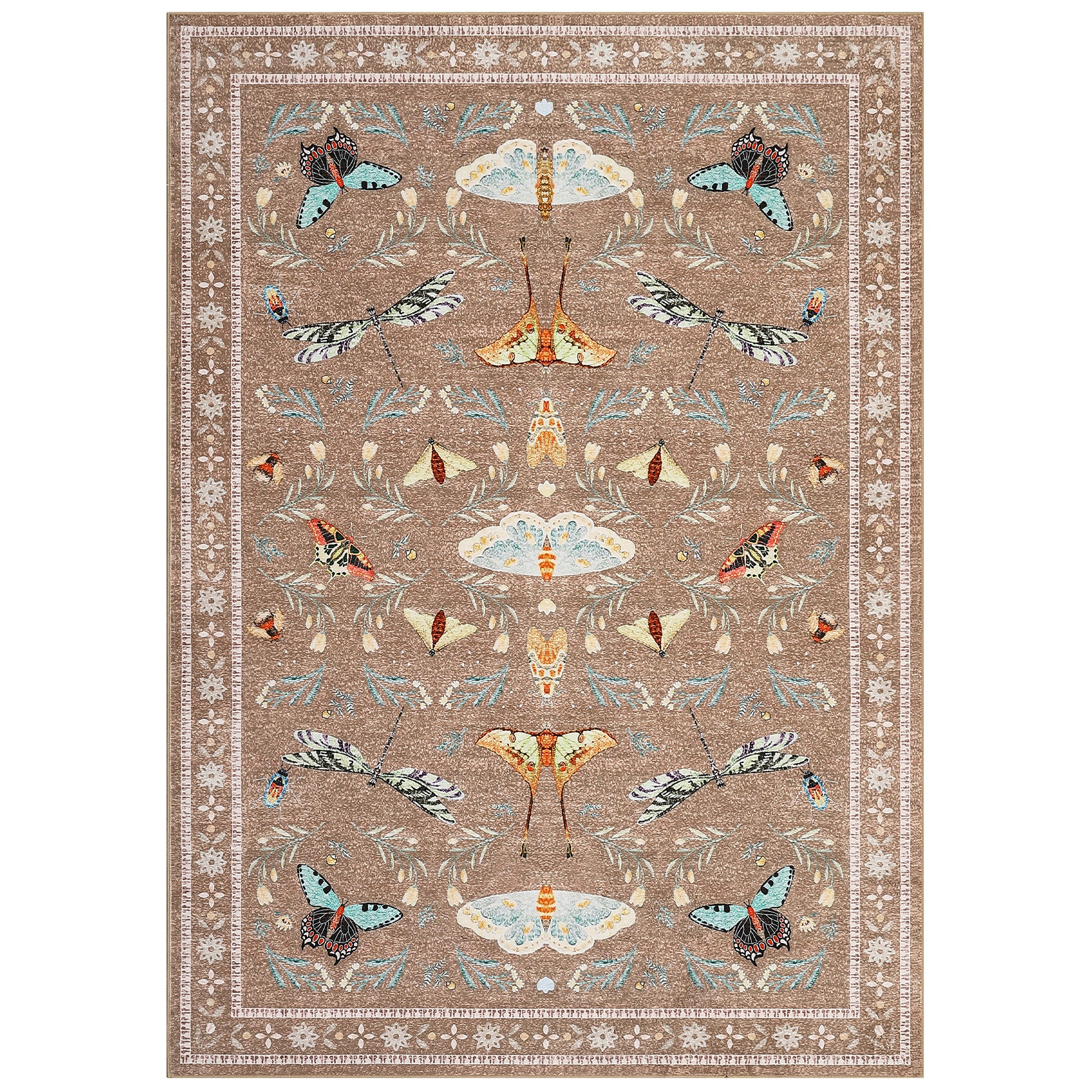 Garvee 4' x 6' Botanical Insect Area Rug, Washable Non-Slip Soft Low-Pile Moth & Butterfly Rug for Bedroom, Office & Entryway, Camel