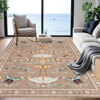 Garvee 4' x 6' Botanical Insect Area Rug, Washable Non-Slip Soft Low-Pile Moth & Butterfly Rug for Bedroom, Office & Entryway, Camel
