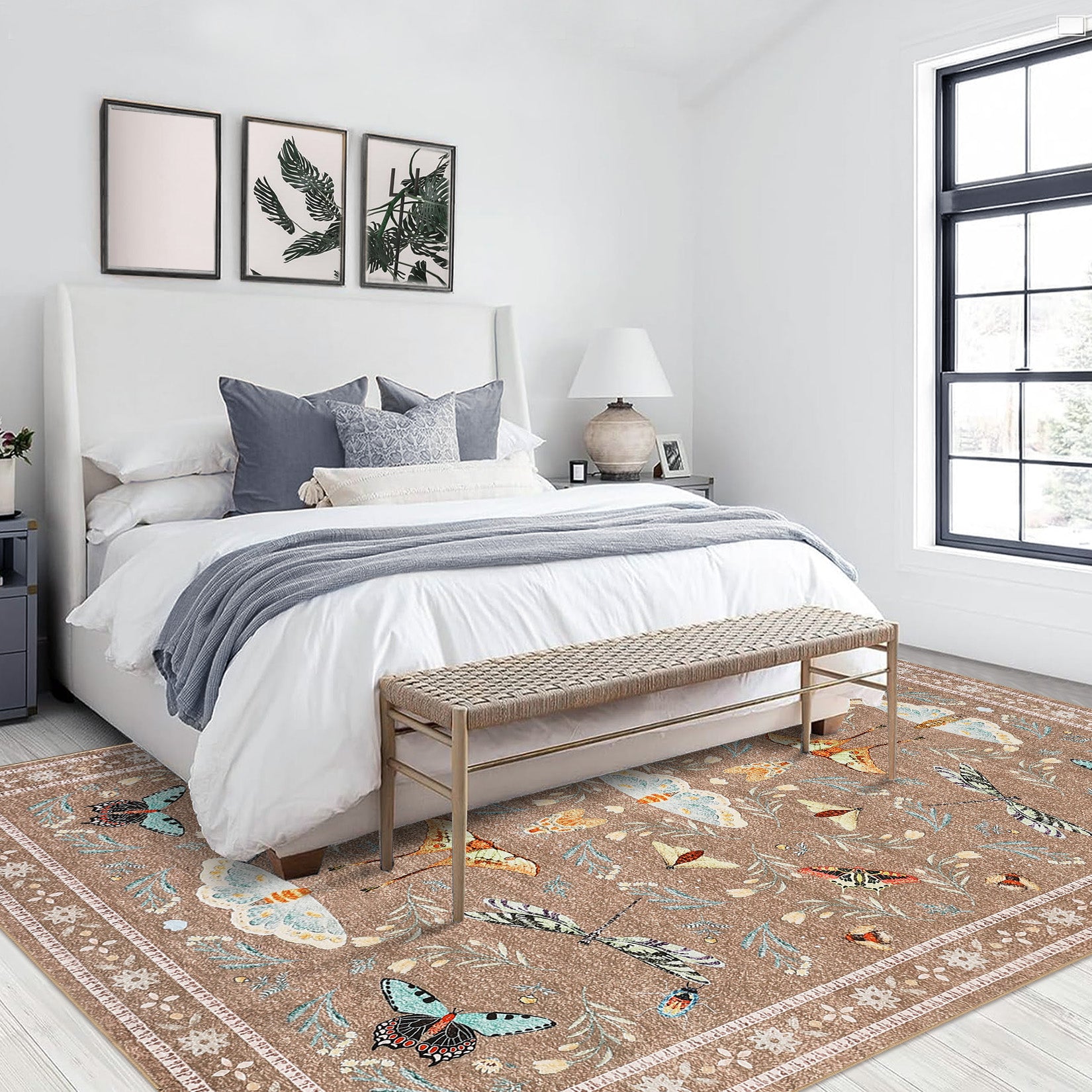 Garvee 4' x 6' Botanical Insect Area Rug, Washable Non-Slip Soft Low-Pile Moth & Butterfly Rug for Bedroom, Office & Entryway, Camel