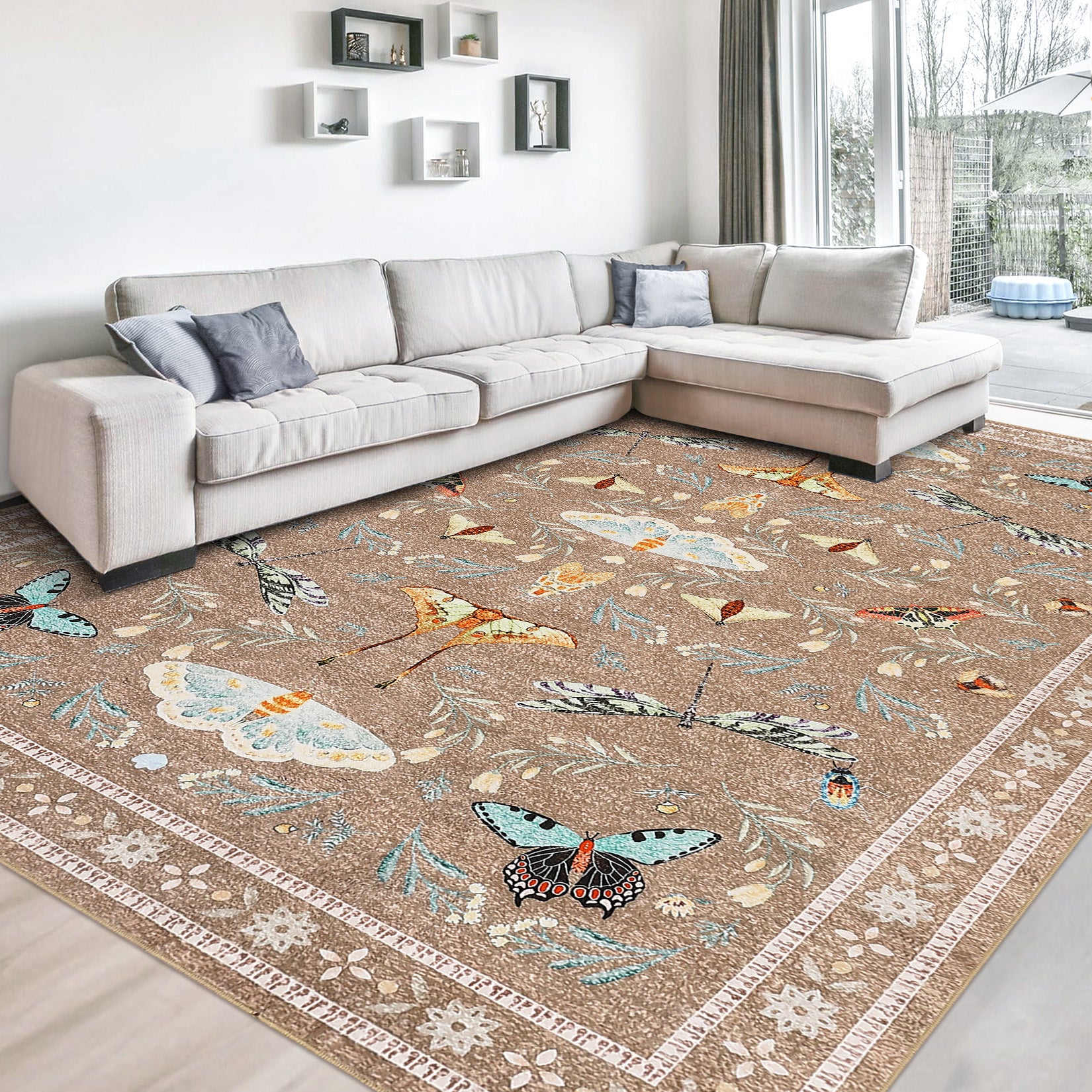 Garvee 4' x 6' Botanical Insect Area Rug, Washable Non-Slip Soft Low-Pile Moth & Butterfly Rug for Bedroom, Office & Entryway, Camel