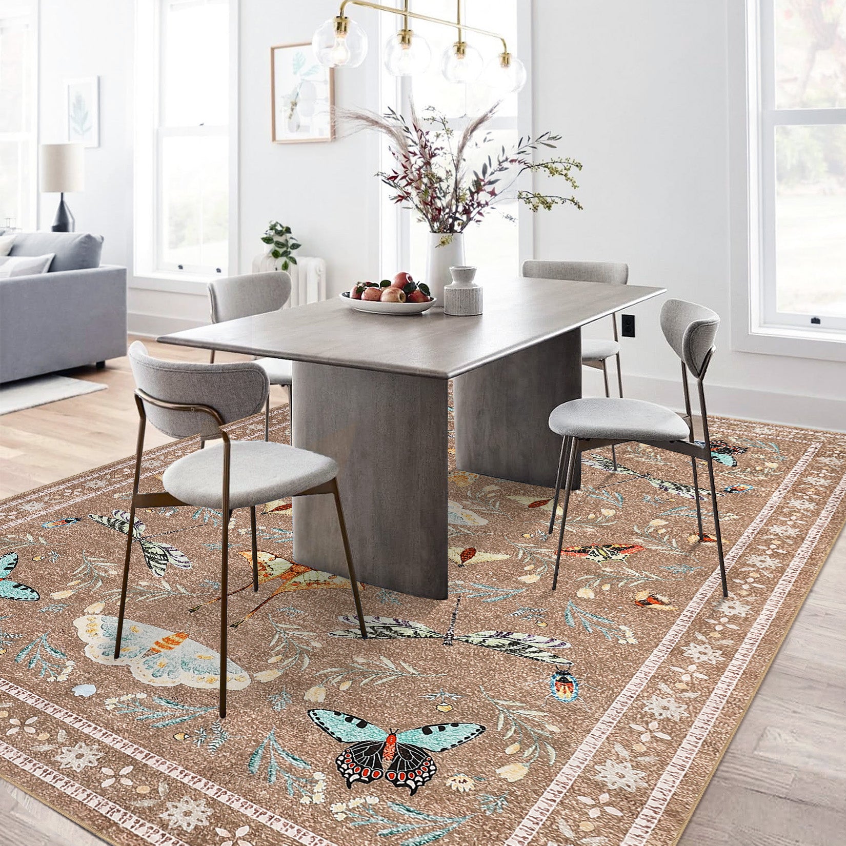 Garvee 4' x 6' Botanical Insect Area Rug, Washable Non-Slip Soft Low-Pile Moth & Butterfly Rug for Bedroom, Office & Entryway, Camel