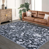 Garvee Traditional Area Rug Foldable Indoor Washable Rug Thin Retro Accent Floral Non-Slip Carpet Mat (Grey, 5'x7') - Gray
