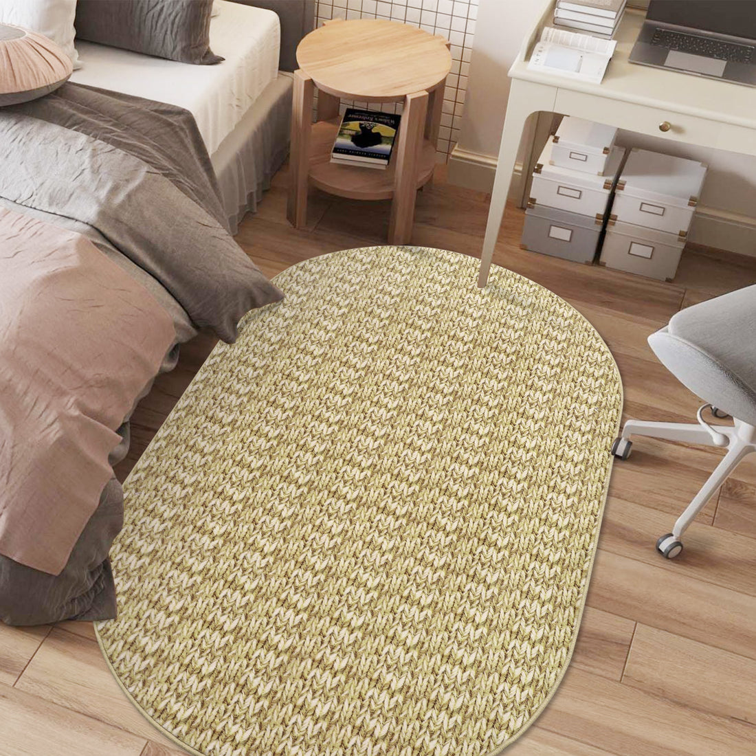 Garvee Modern Camel Oval 3x5 Area Rug Braided Print Floor Cover with Non-Slip Backing, Contemporary Indoor Carpet, Foldable Low Pile Accent Rug for Bedroom, Living Room