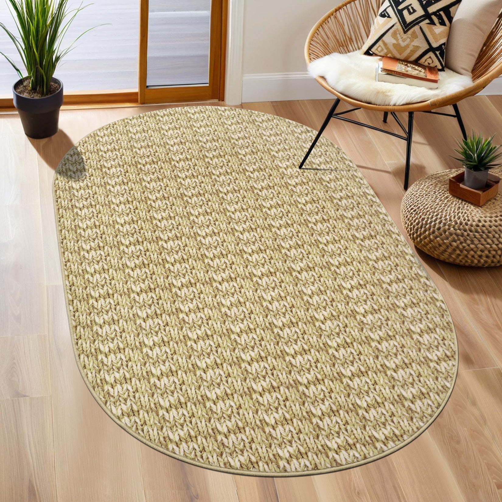 Garvee Modern Camel Oval 3x5 Area Rug Braided Print Floor Cover with Non-Slip Backing, Contemporary Indoor Carpet, Foldable Low Pile Accent Rug for Bedroom, Living Room