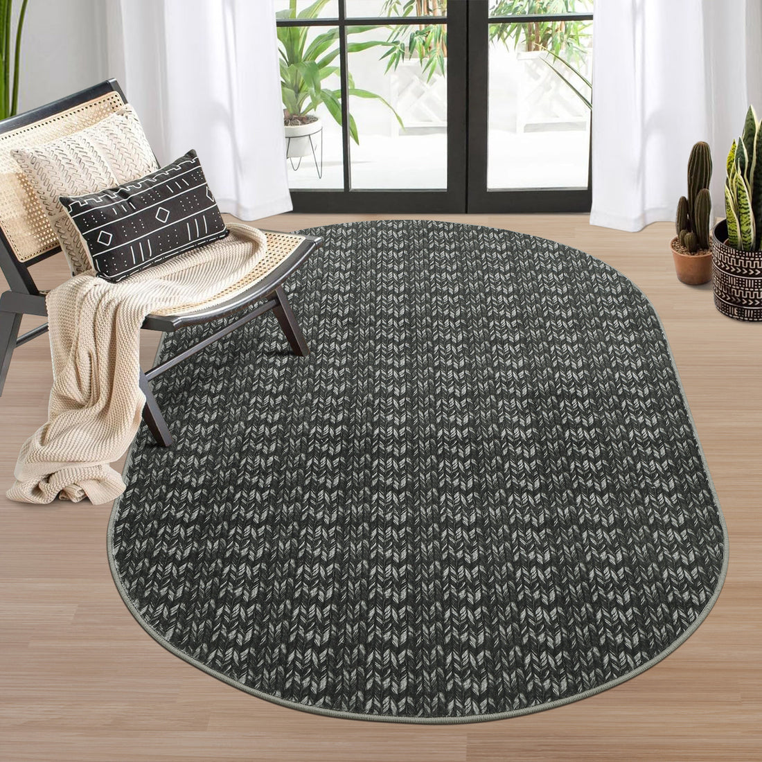 Garvee Modern Black Oval 3x5 Area Rug Braided Print Floor Cover with Non-Slip Backing, Contemporary Indoor Carpet, Foldable Low Pile Accent Rug for Bedroom, Living Room