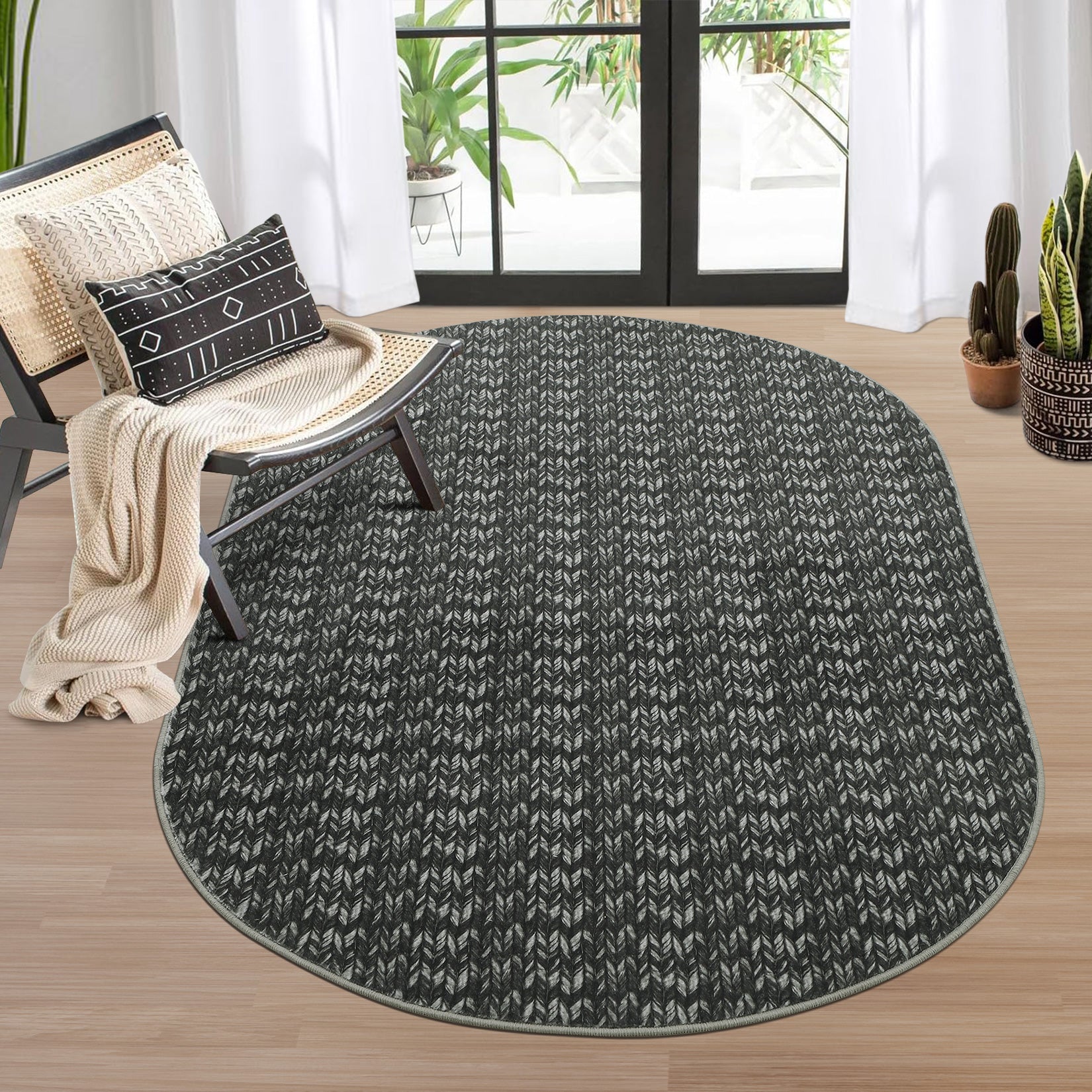 Garvee Modern Black Oval 3x5 Area Rug Braided Print Floor Cover with Non-Slip Backing, Contemporary Indoor Carpet, Foldable Low Pile Accent Rug for Bedroom, Living Room