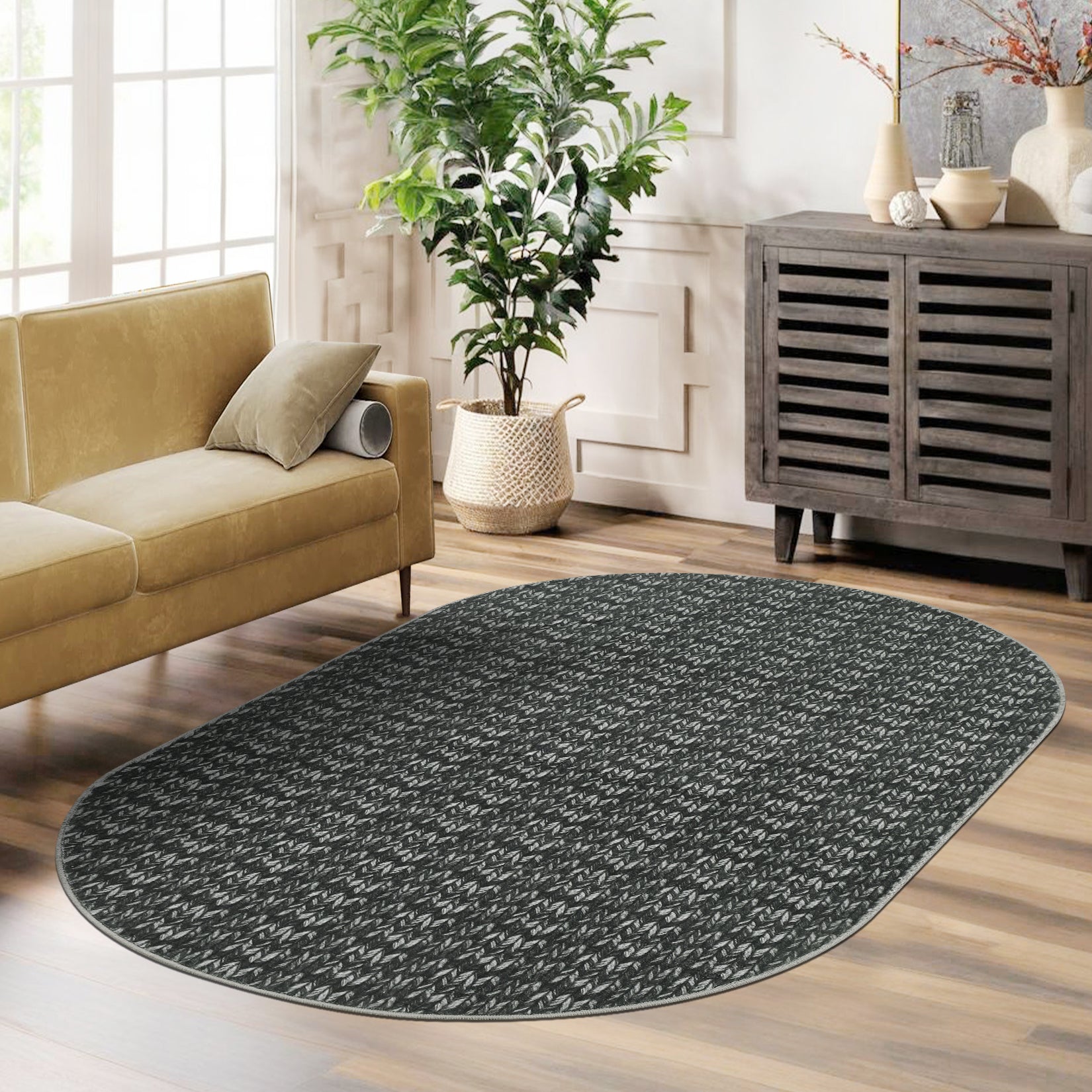Garvee Modern Black Oval 3x5 Area Rug Braided Print Floor Cover with Non-Slip Backing, Contemporary Indoor Carpet, Foldable Low Pile Accent Rug for Bedroom, Living Room
