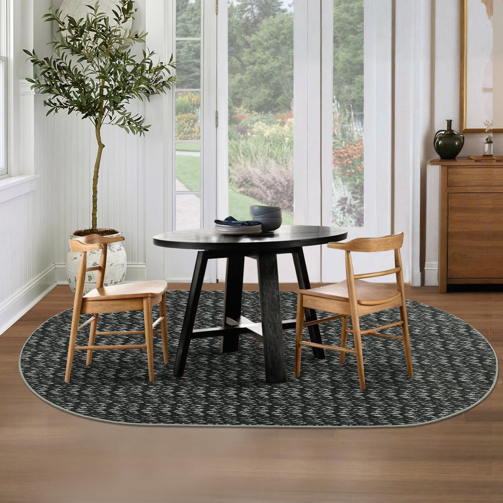 Garvee Modern Black Oval 3x5 Area Rug Braided Print Floor Cover with Non-Slip Backing, Contemporary Indoor Carpet, Foldable Low Pile Accent Rug for Bedroom, Living Room