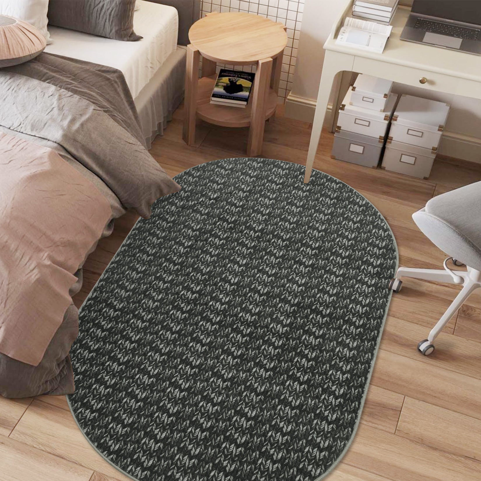 Garvee Modern Black Oval 3x5 Area Rug Braided Print Floor Cover with Non-Slip Backing, Contemporary Indoor Carpet, Foldable Low Pile Accent Rug for Bedroom, Living Room