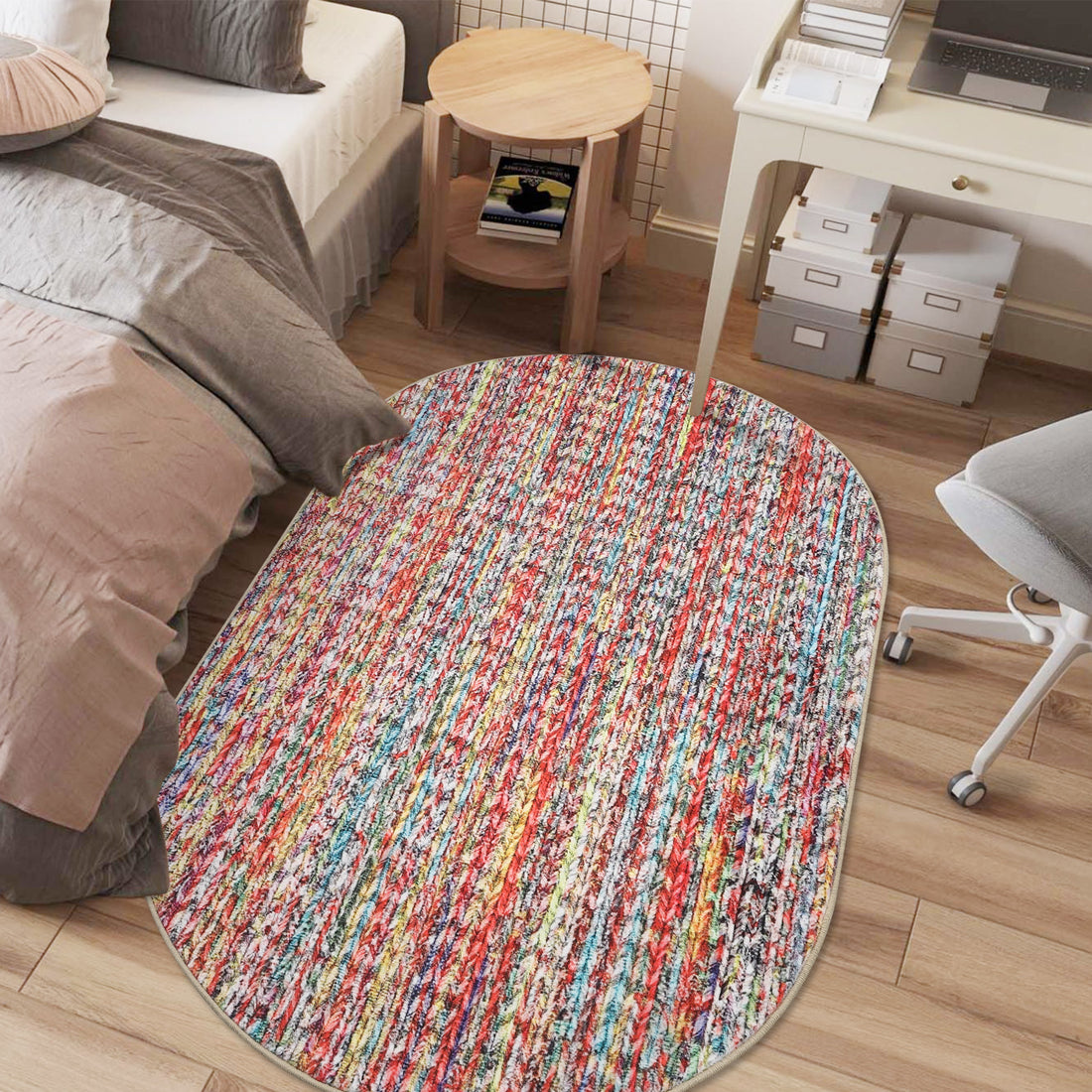 Garvee Modern Multicolor Oval 3x5 Area Rug Braided Print Floor Cover with Non-Slip Backing, Contemporary Indoor Carpet, Foldable Low Pile Accent Rug for Bedroom, Living Room