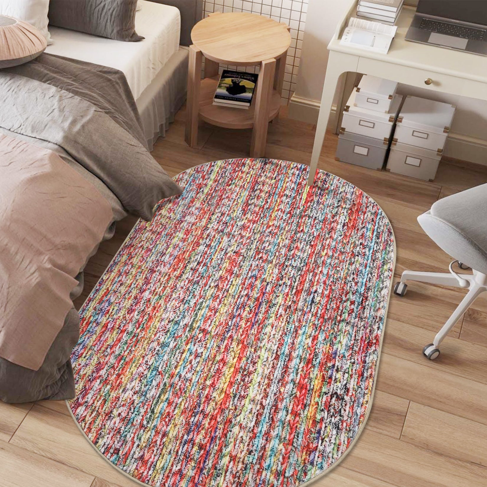 Garvee Modern Multicolor Oval 3x5 Area Rug Braided Print Floor Cover with Non-Slip Backing, Contemporary Indoor Carpet, Foldable Low Pile Accent Rug for Bedroom, Living Room