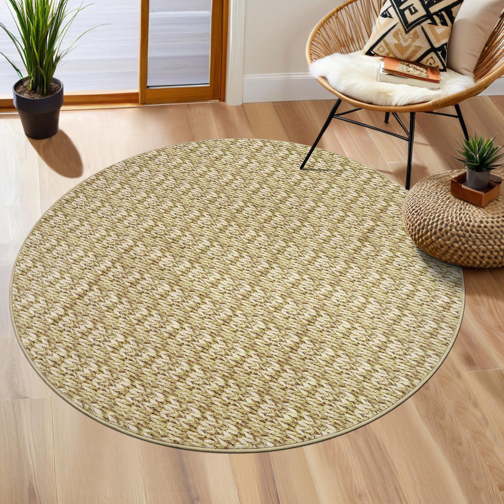 Garvee Modern Camel 4'-Round Area Rug Braided Print Circle Rug with Non-Slip Backing, Contemporary Indoor Carpet, Foldable Low Pile Floor Cover for Bedroom, Living Room