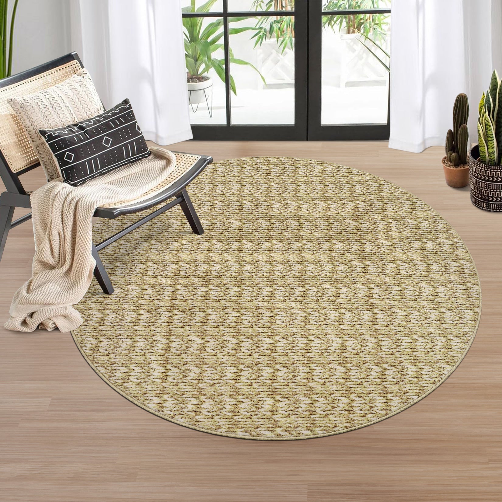 Garvee Modern Camel 4'-Round Area Rug Braided Print Circle Rug with Non-Slip Backing, Contemporary Indoor Carpet, Foldable Low Pile Floor Cover for Bedroom, Living Room
