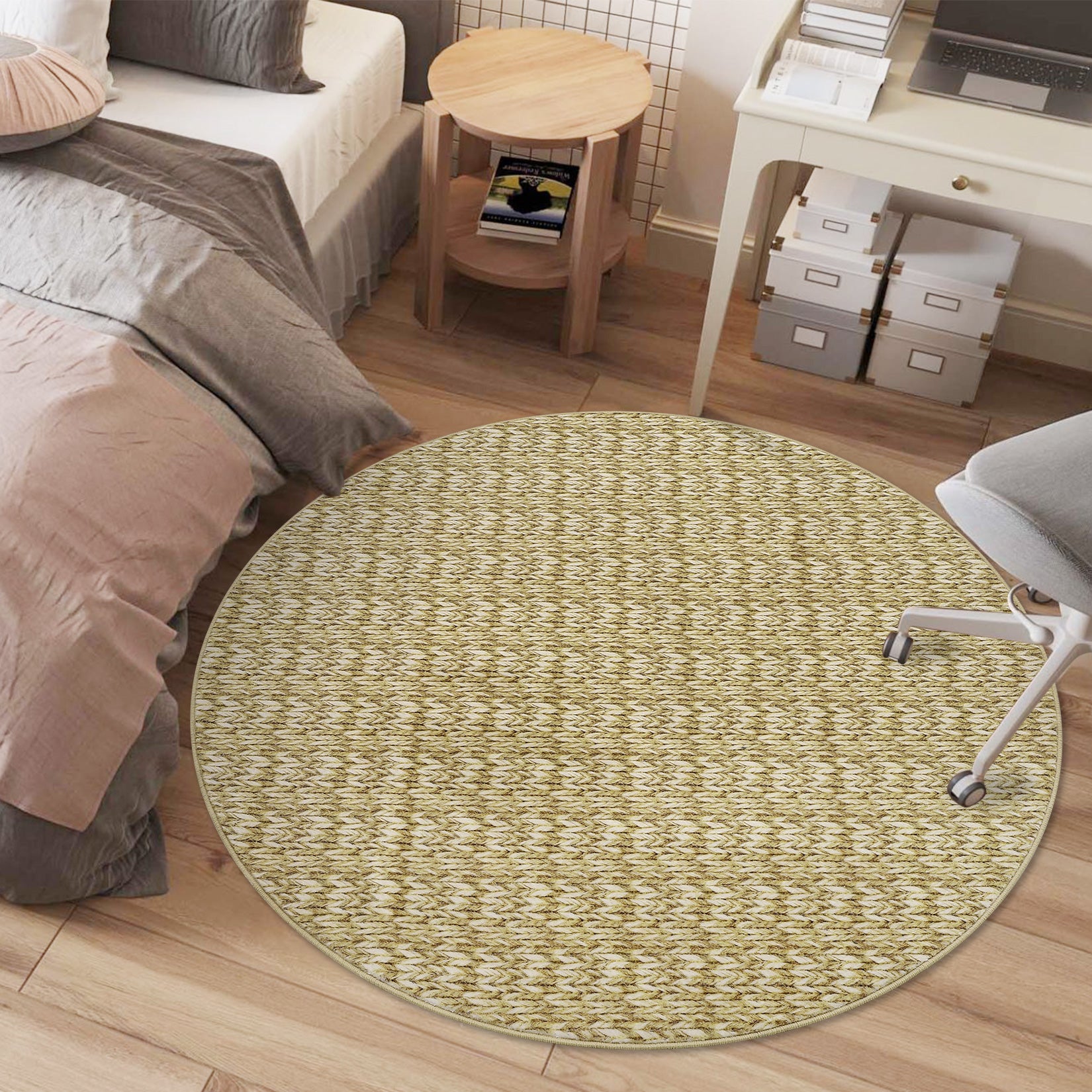Garvee Modern Camel 4'-Round Area Rug Braided Print Circle Rug with Non-Slip Backing, Contemporary Indoor Carpet, Foldable Low Pile Floor Cover for Bedroom, Living Room