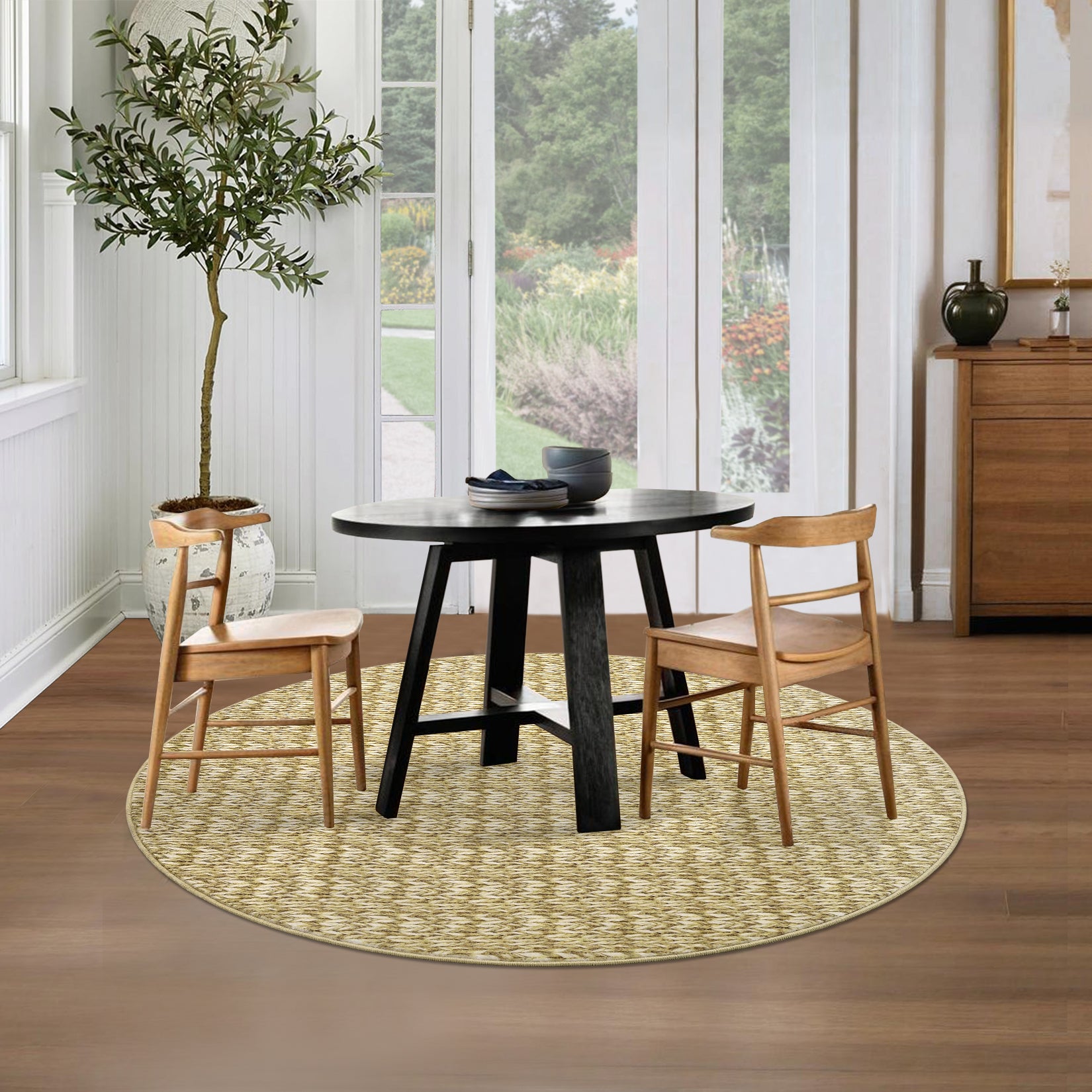 Garvee Modern Camel 4'-Round Area Rug Braided Print Circle Rug with Non-Slip Backing, Contemporary Indoor Carpet, Foldable Low Pile Floor Cover for Bedroom, Living Room