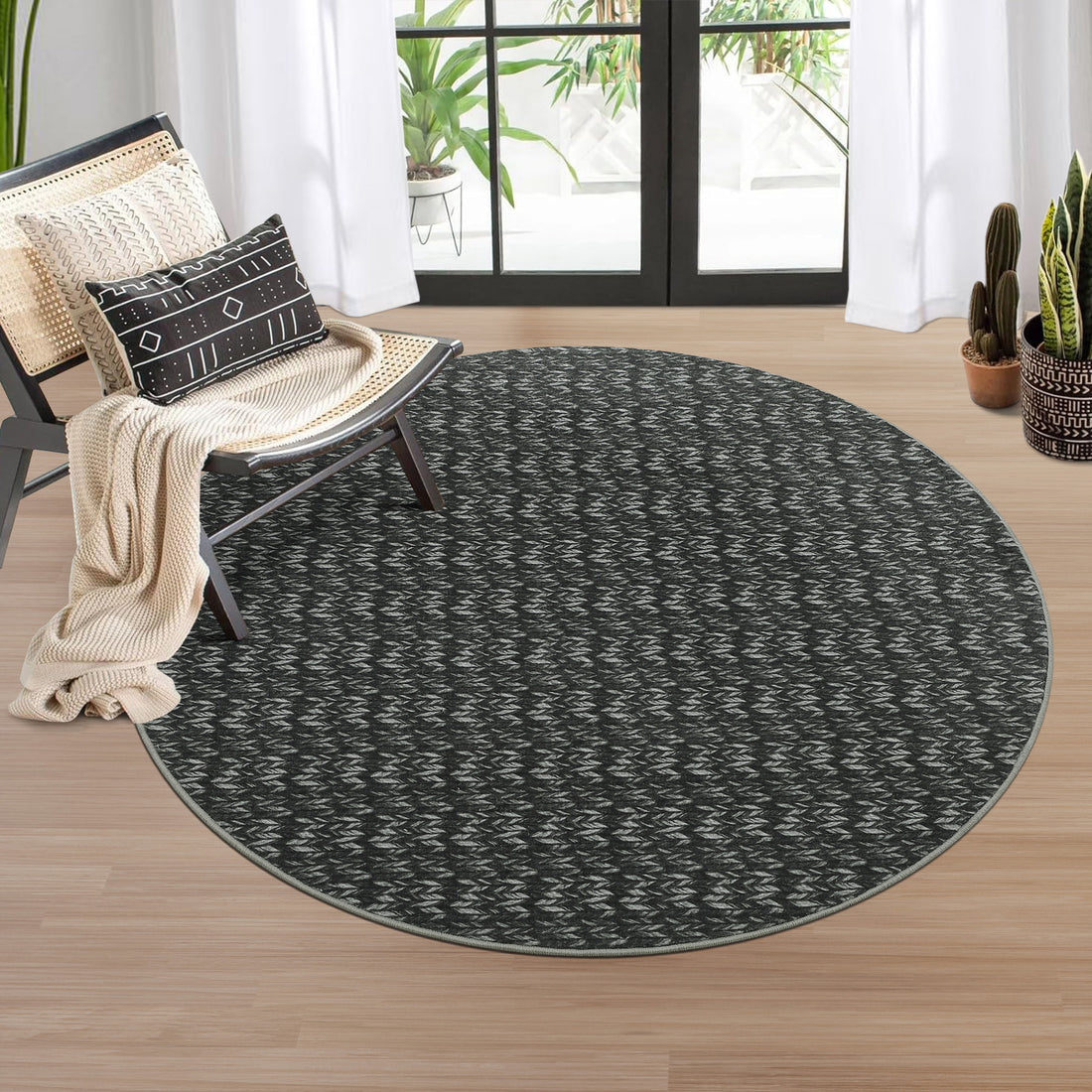 Garvee Modern Black 4'-Round Area Rug Braided Print Circle Rug with Non-Slip Backing, Contemporary Indoor Carpet, Foldable Low Pile Floor Cover for Bedroom, Living Room