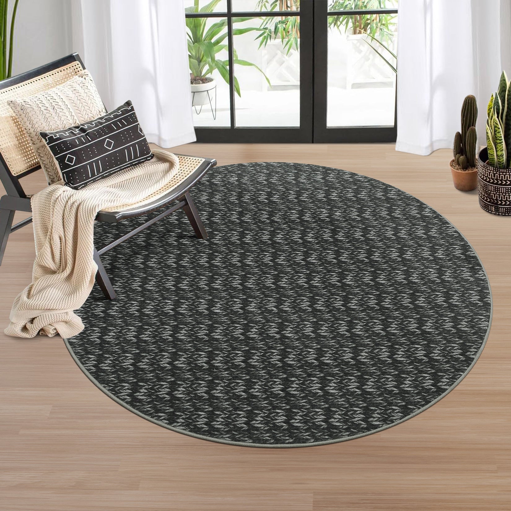 Garvee Modern Black 4'-Round Area Rug Braided Print Circle Rug with Non-Slip Backing, Contemporary Indoor Carpet, Foldable Low Pile Floor Cover for Bedroom, Living Room
