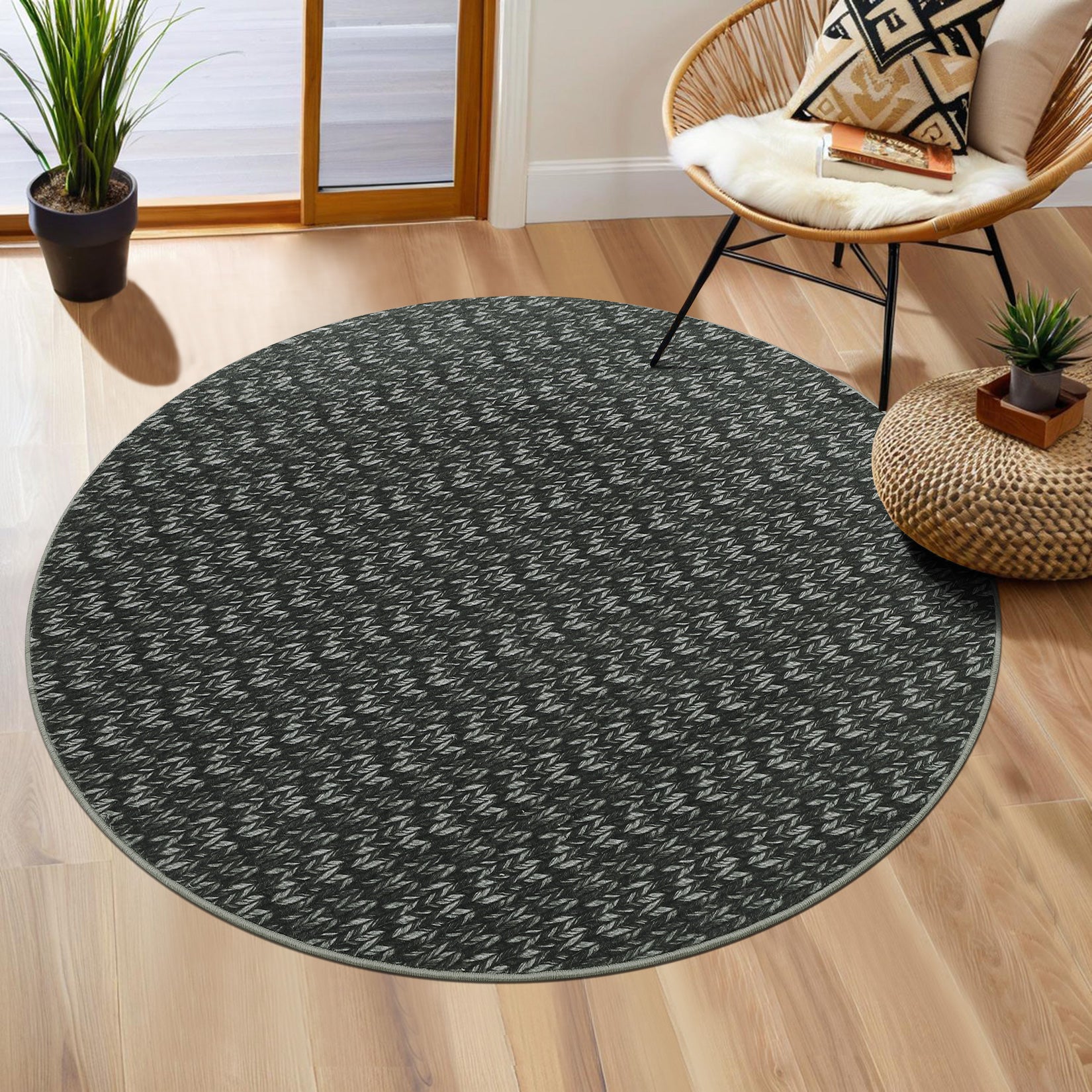Garvee Modern Black 4'-Round Area Rug Braided Print Circle Rug with Non-Slip Backing, Contemporary Indoor Carpet, Foldable Low Pile Floor Cover for Bedroom, Living Room