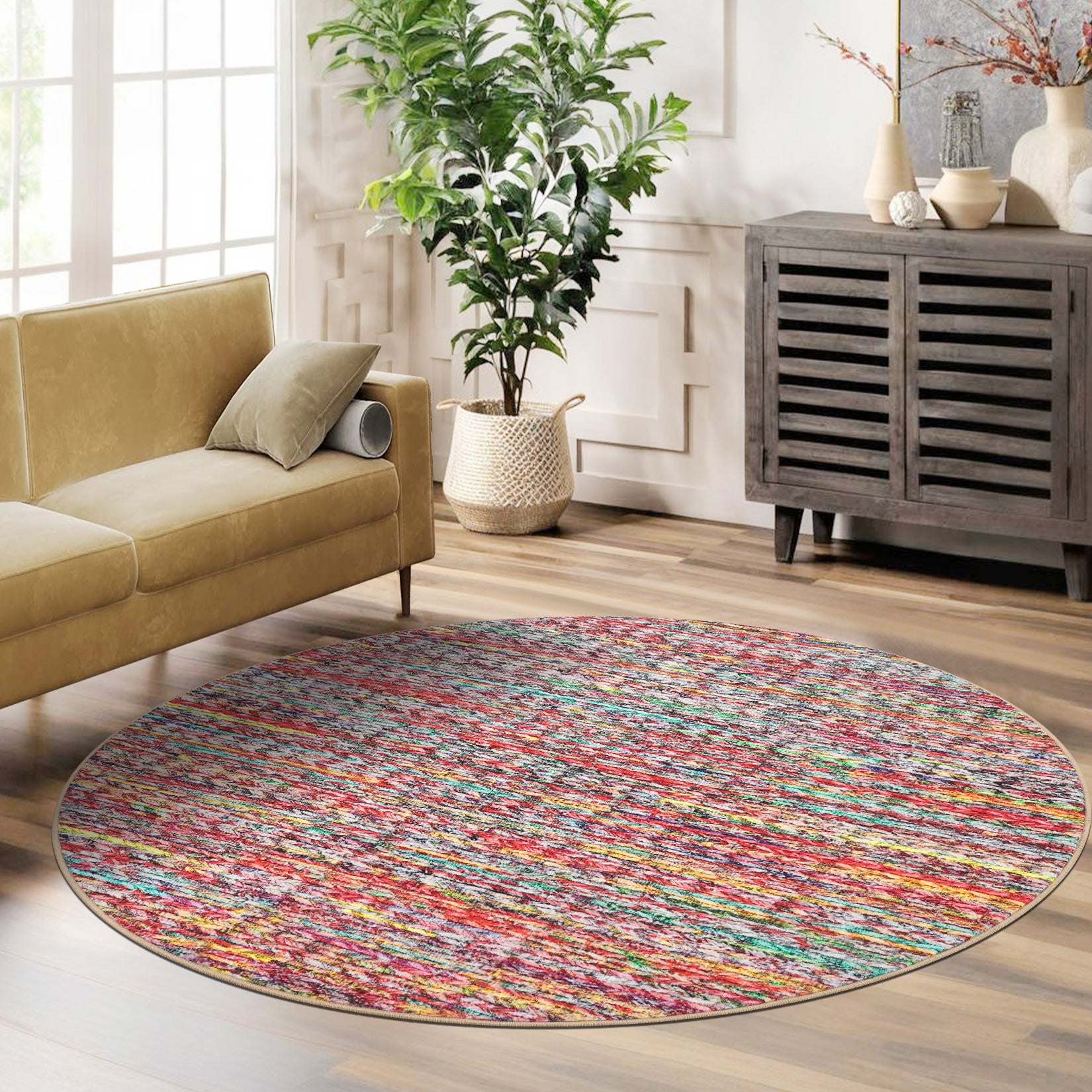 Garvee Modern Multicolor 4'-Round Area Rug Braided Print Circle Rug with Non-Slip Backing, Contemporary Indoor Carpet, Foldable Low Pile Floor Cover for Bedroom, Living Room
