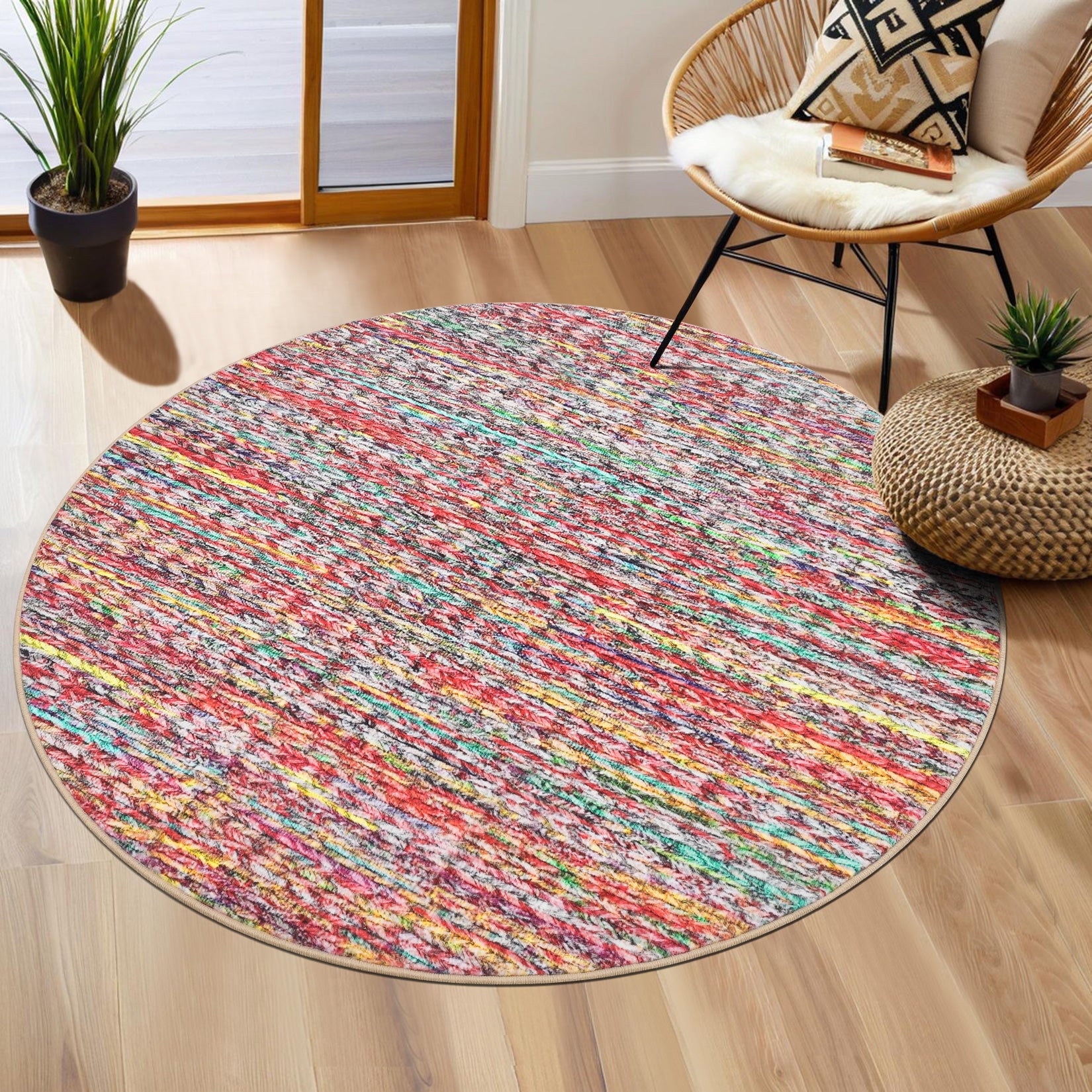 Garvee Modern Multicolor 4'-Round Area Rug Braided Print Circle Rug with Non-Slip Backing, Contemporary Indoor Carpet, Foldable Low Pile Floor Cover for Bedroom, Living Room