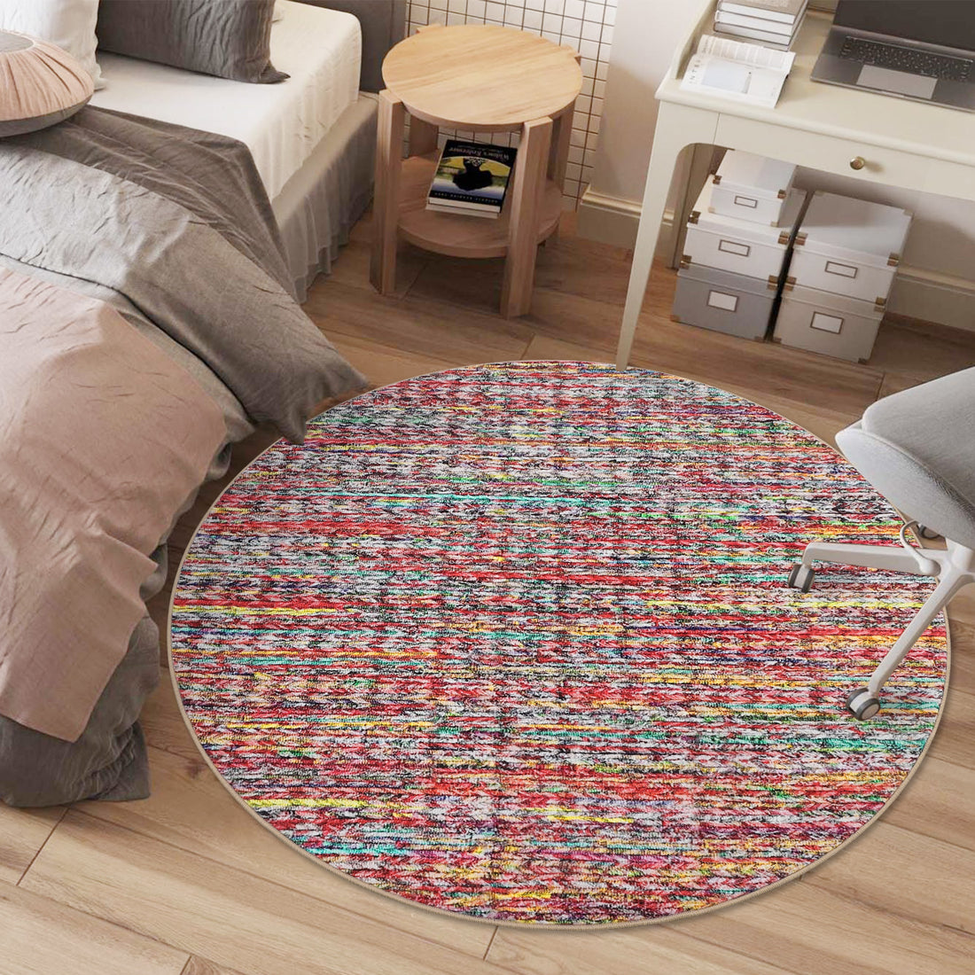 Garvee Modern Multicolor 4'-Round Area Rug Braided Print Circle Rug with Non-Slip Backing, Contemporary Indoor Carpet, Foldable Low Pile Floor Cover for Bedroom, Living Room