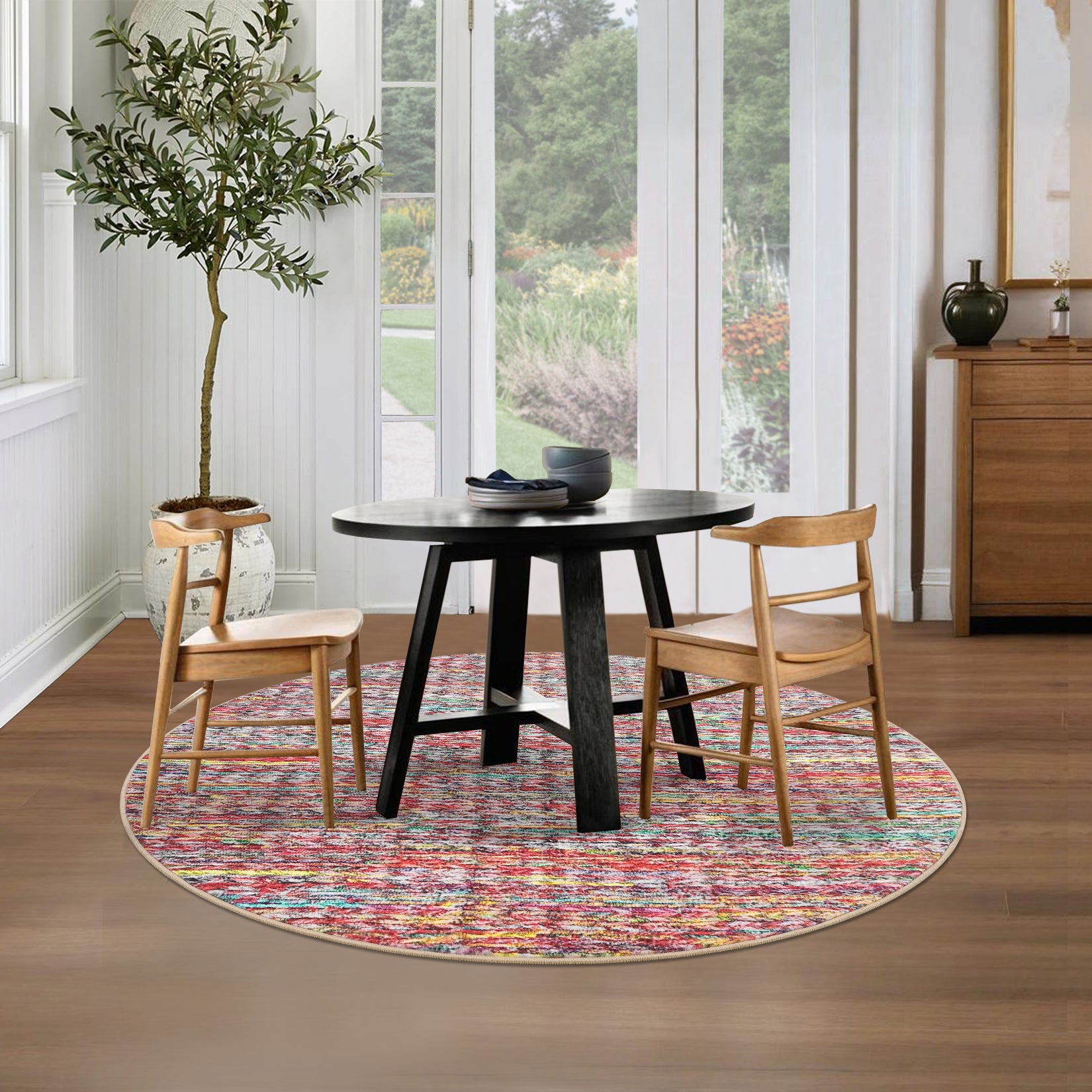 Garvee Modern Multicolor 4'-Round Area Rug Braided Print Circle Rug with Non-Slip Backing, Contemporary Indoor Carpet, Foldable Low Pile Floor Cover for Bedroom, Living Room