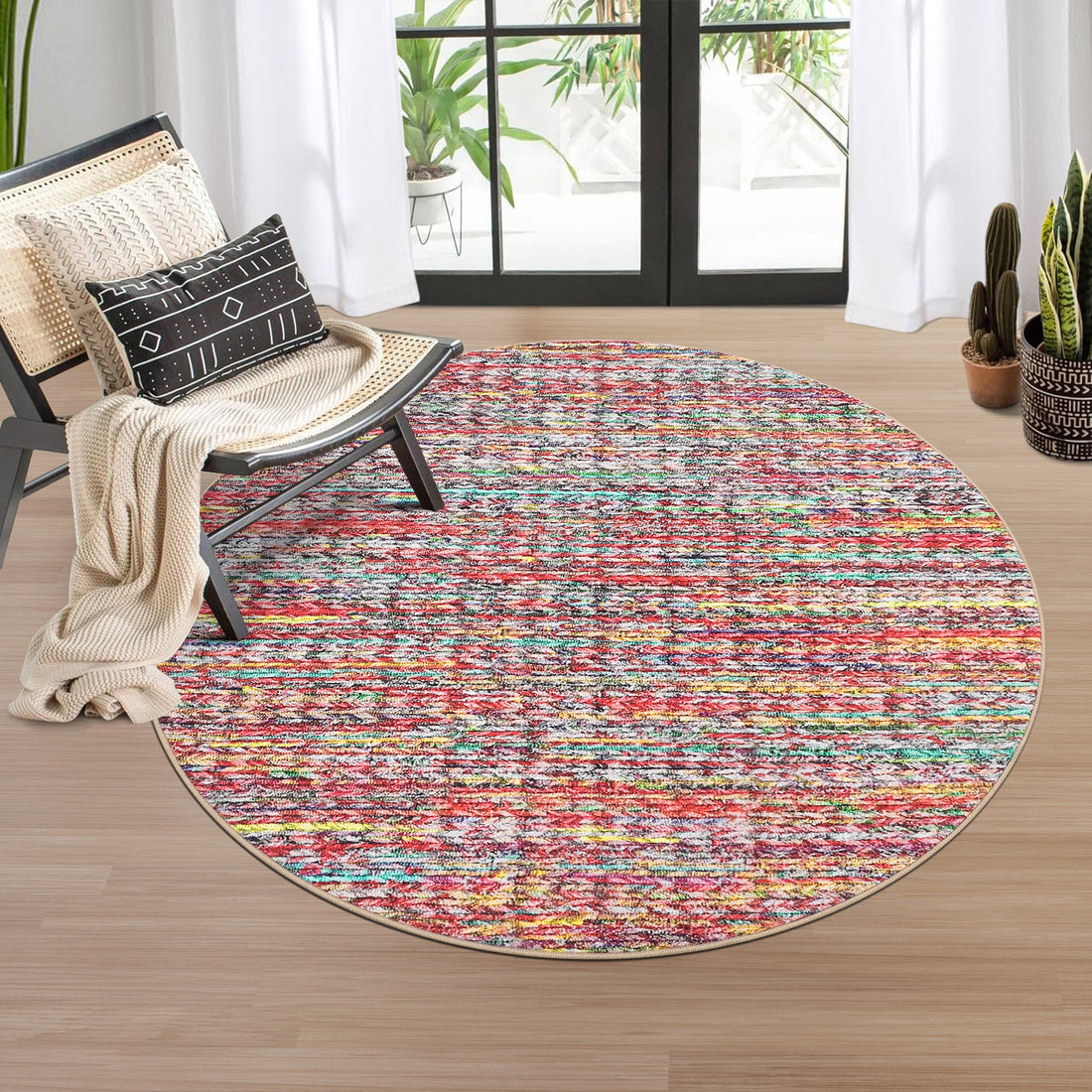 Garvee Modern Multicolor 4'-Round Area Rug Braided Print Circle Rug with Non-Slip Backing, Contemporary Indoor Carpet, Foldable Low Pile Floor Cover for Bedroom, Living Room