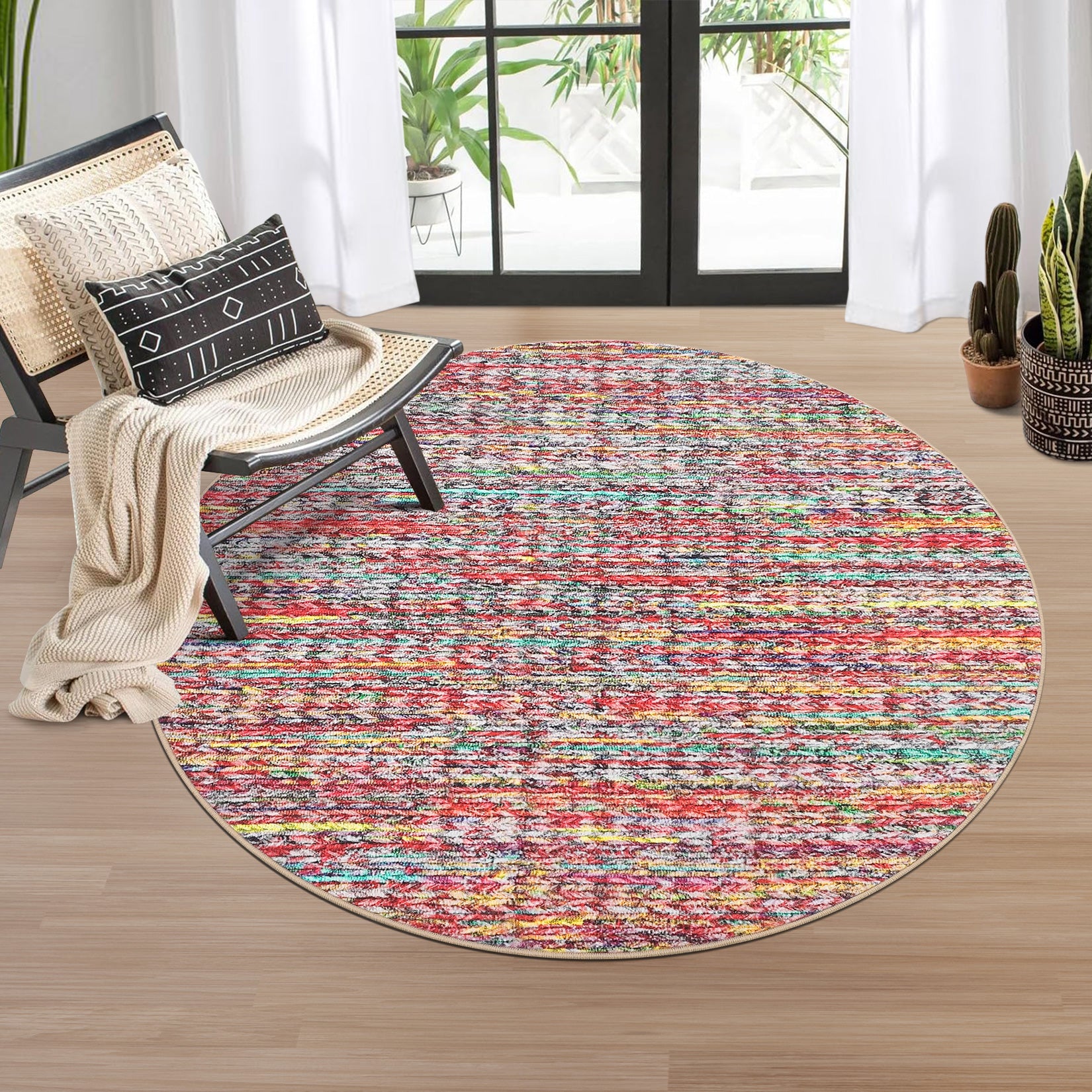 Garvee Modern Multicolor 4'-Round Area Rug Braided Print Circle Rug with Non-Slip Backing, Contemporary Indoor Carpet, Foldable Low Pile Floor Cover for Bedroom, Living Room