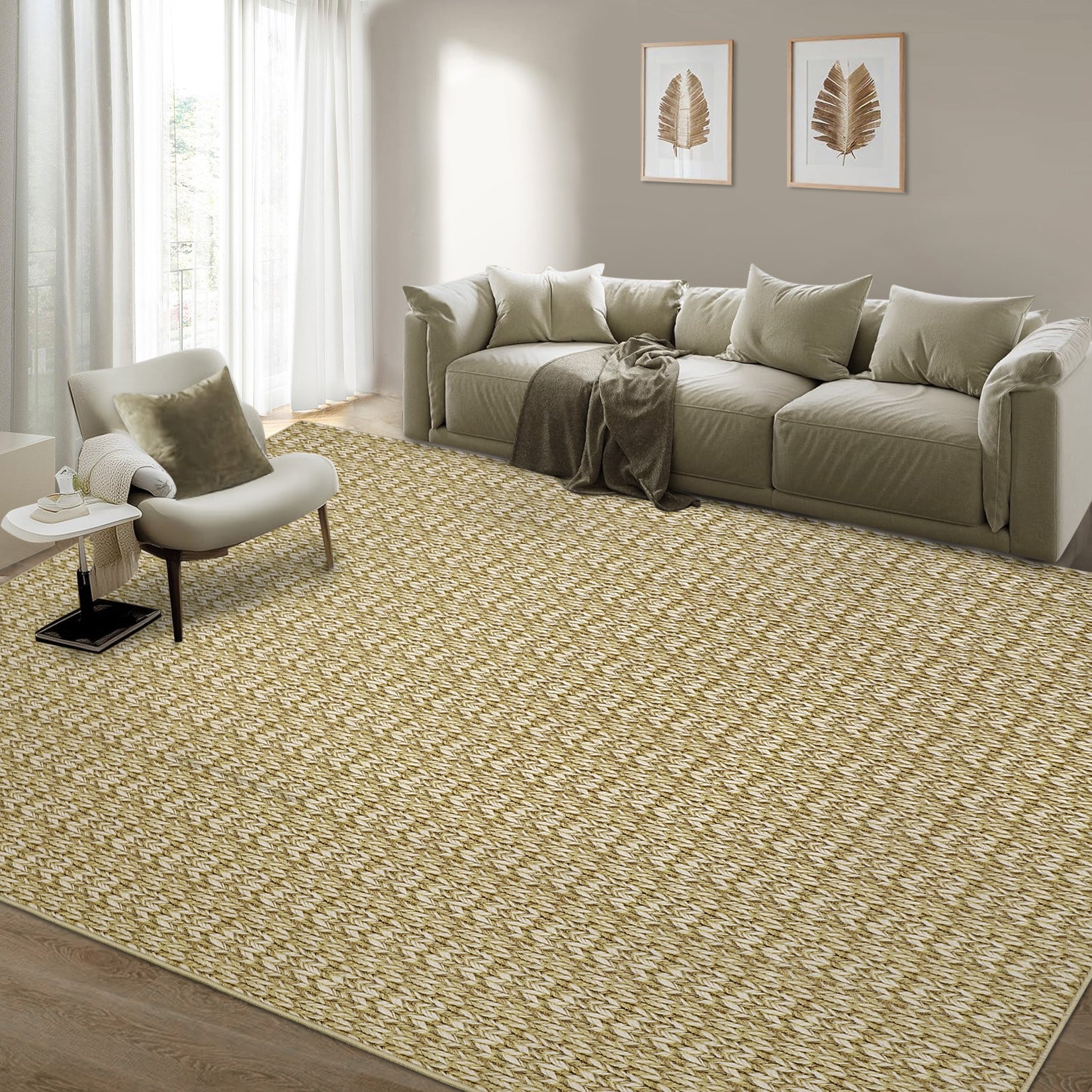 Garvee Modern Camel 10x13 Area Rug Braided Print Accent Carpet with Non-Slip Backing, Washable Contemporary Floor Cover, Foldable Low Pile Indoor Carpet for Bedroom, Living Room