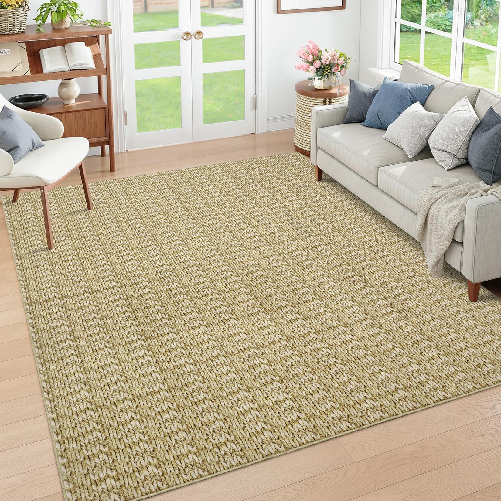 Garvee Modern Camel 9x12 Large Area Rug Braided Print Living Room Rug with Non-Slip Backing, Contemporary Indoor Carpet, Foldable Low Pile Floor Cover for Dining Room, Bedroom
