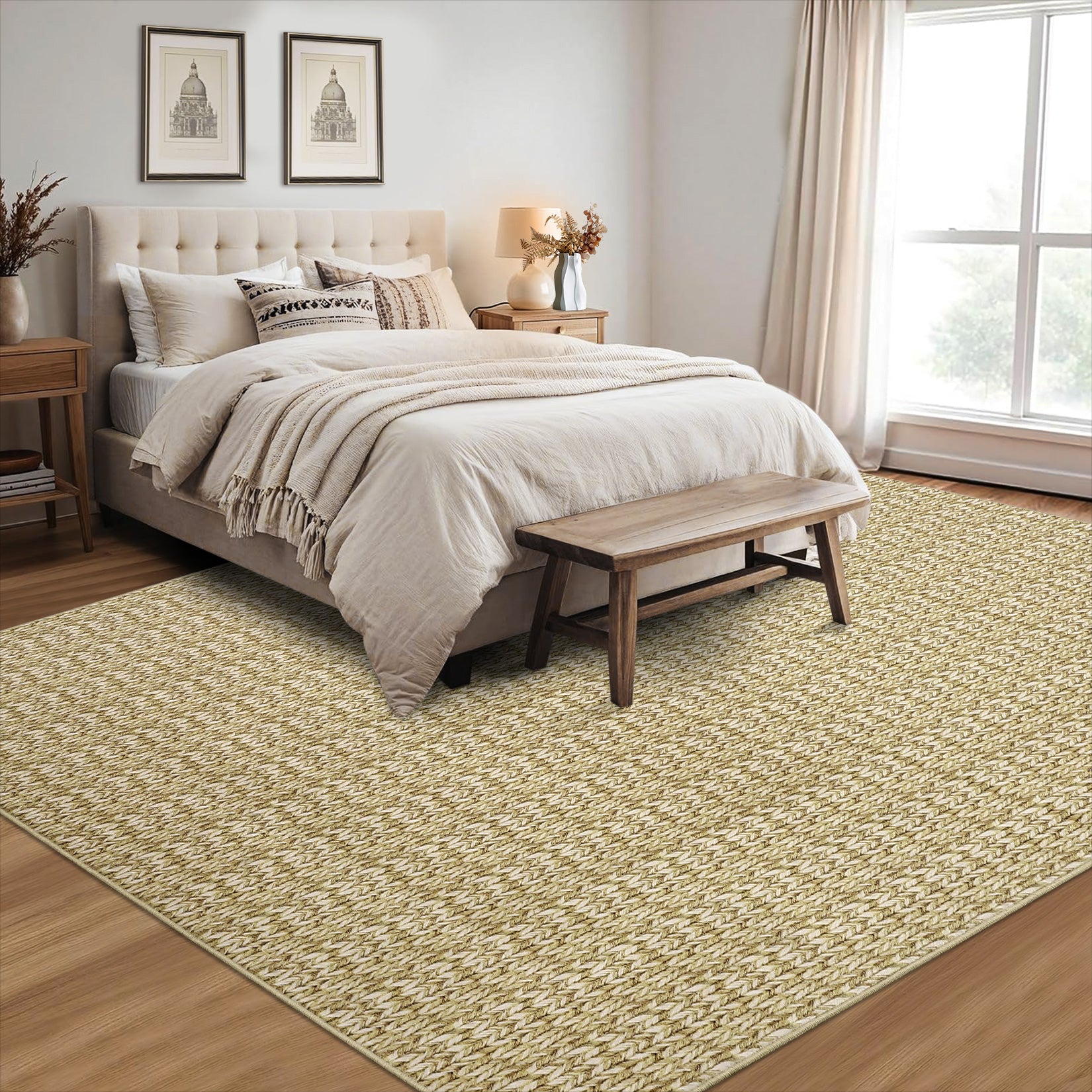 Garvee Modern Camel 8x10 Living Room Rug Large Braided Print Area Rug with Non-Slip Backing, Contemporary Indoor Carpet, Foldable Low Pile Floor Cover for Dining Room, Bedroom