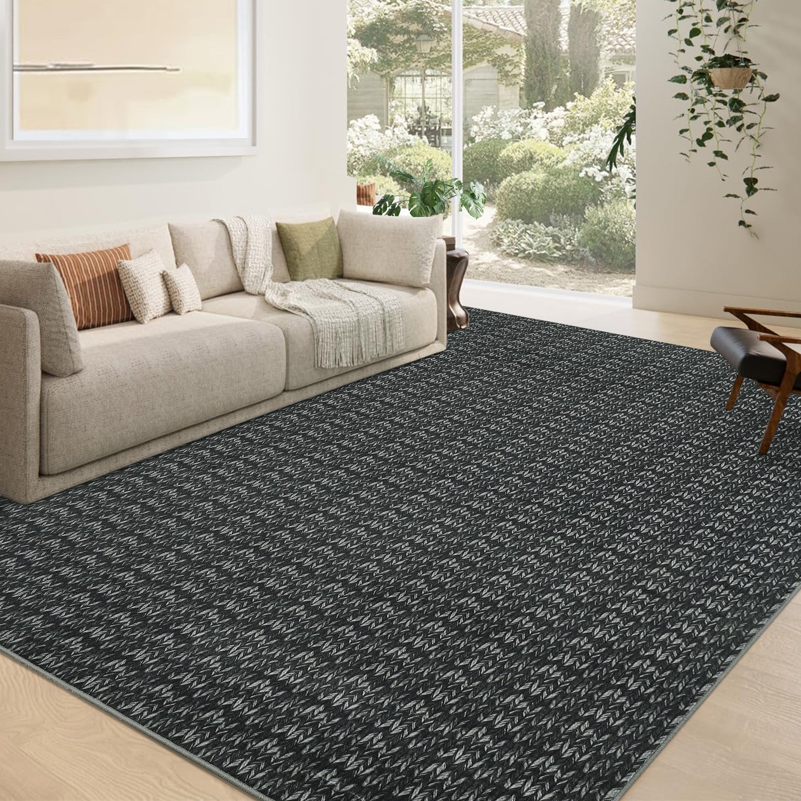 Garvee Modern Black 8x10 Living Room Rug Large Braided Print Area Rug with Non-Slip Backing, Contemporary Indoor Carpet, Foldable Low Pile Floor Cover for Dining Room, Bedroom, Black