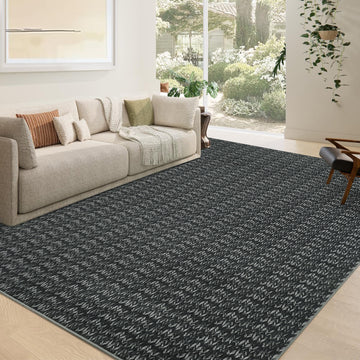 Garvee Modern Black 8x10 Living Room Rug Large Braided Print Area Rug with Non-Slip Backing, Contemporary Indoor Carpet, Foldable Low Pile Floor Cover for Dining Room, Bedroom, Black