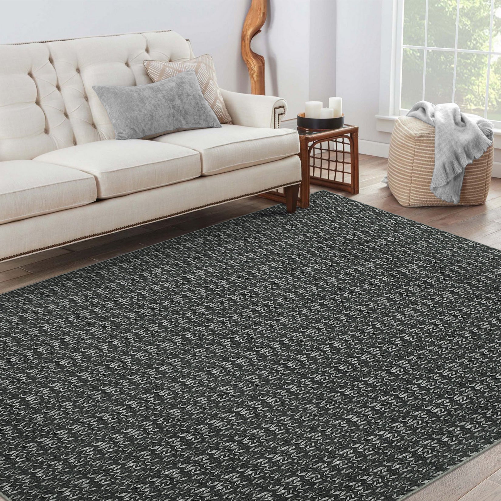 Garvee Modern Black 6x9 Area Rug Braided Print Throw Rug with Non-Slip Backing, Washable Contemporary Accent Carpet, Foldable Low Pile Floor Cover for Living Room, Bedroom