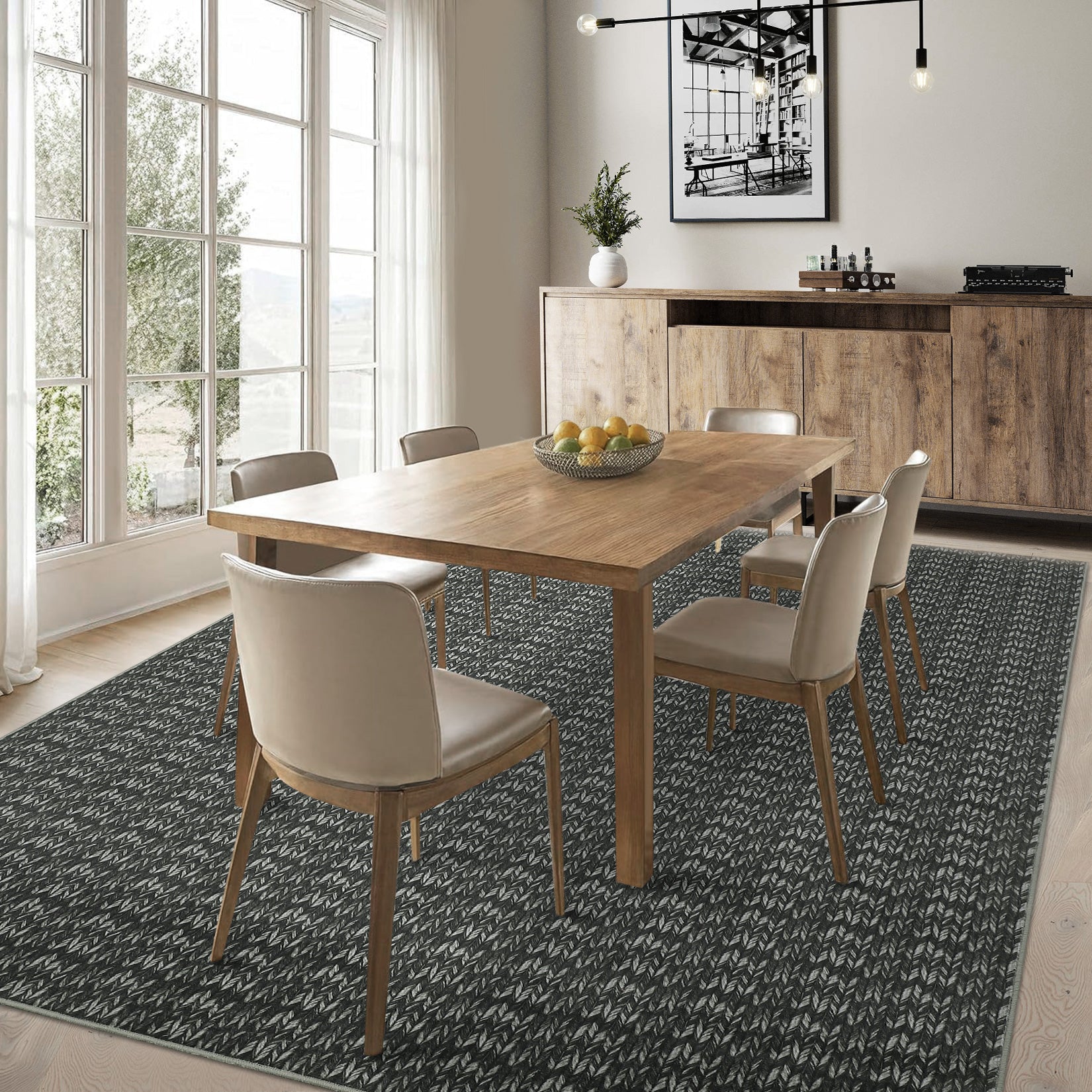 Garvee Modern Black 8x10 Living Room Rug Large Braided Print Area Rug with Non-Slip Backing, Contemporary Indoor Carpet, Foldable Low Pile Floor Cover for Dining Room, Bedroom, Black