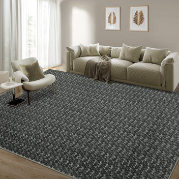 Garvee Modern Black 8x10 Living Room Rug Large Braided Print Area Rug with Non-Slip Backing, Contemporary Indoor Carpet, Foldable Low Pile Floor Cover for Dining Room, Bedroom, Black