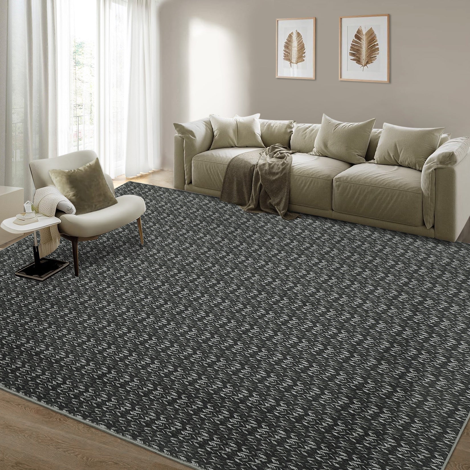 Garvee Modern Black 6x9 Area Rug Braided Print Throw Rug with Non-Slip Backing, Washable Contemporary Accent Carpet, Foldable Low Pile Floor Cover for Living Room, Bedroom