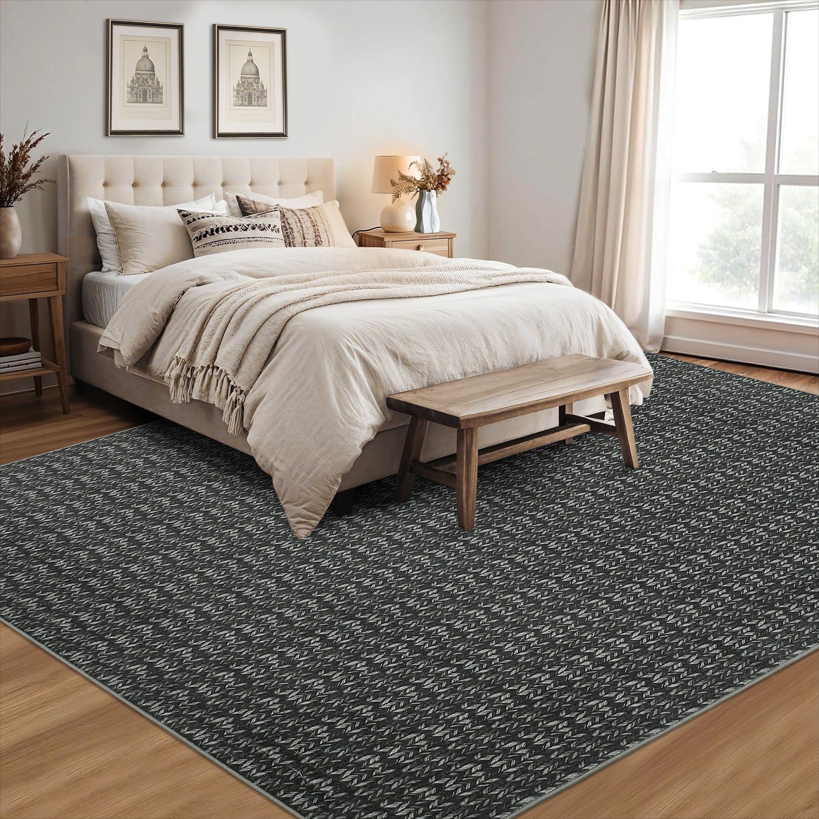 Garvee Modern Black 8x10 Living Room Rug Large Braided Print Area Rug with Non-Slip Backing, Contemporary Indoor Carpet, Foldable Low Pile Floor Cover for Dining Room, Bedroom, Black