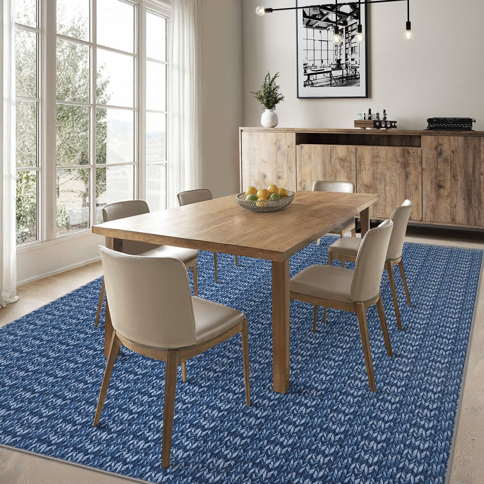 Garvee Modern Blue 9x12 Large Area Rug Braided Print Living Room Rug with Non-Slip Backing, Contemporary Indoor Carpet, Foldable Low Pile Floor Cover for Dining Room, Bedroom
