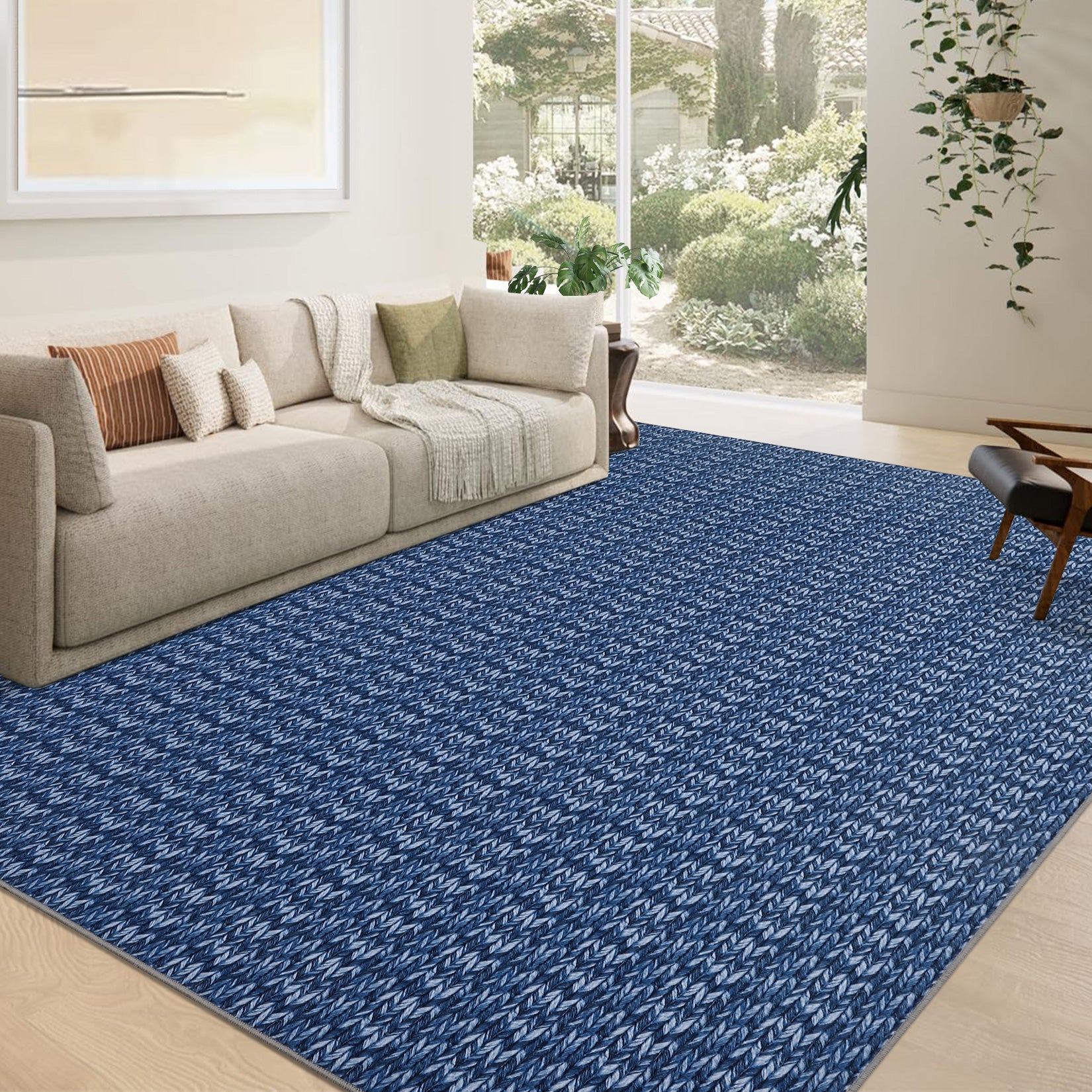 Garvee Modern Blue 9x12 Large Area Rug Braided Print Living Room Rug with Non-Slip Backing, Contemporary Indoor Carpet, Foldable Low Pile Floor Cover for Dining Room, Bedroom
