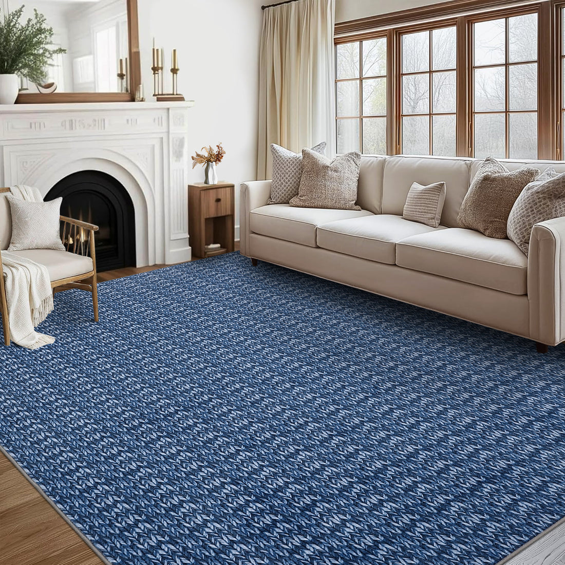 Garvee Modern Blue 8x10 Living Room Rug Large Braided Print Area Rug with Non-Slip Backing, Contemporary Indoor Carpet, Foldable Low Pile Floor Cover for Dining Room, Bedroom