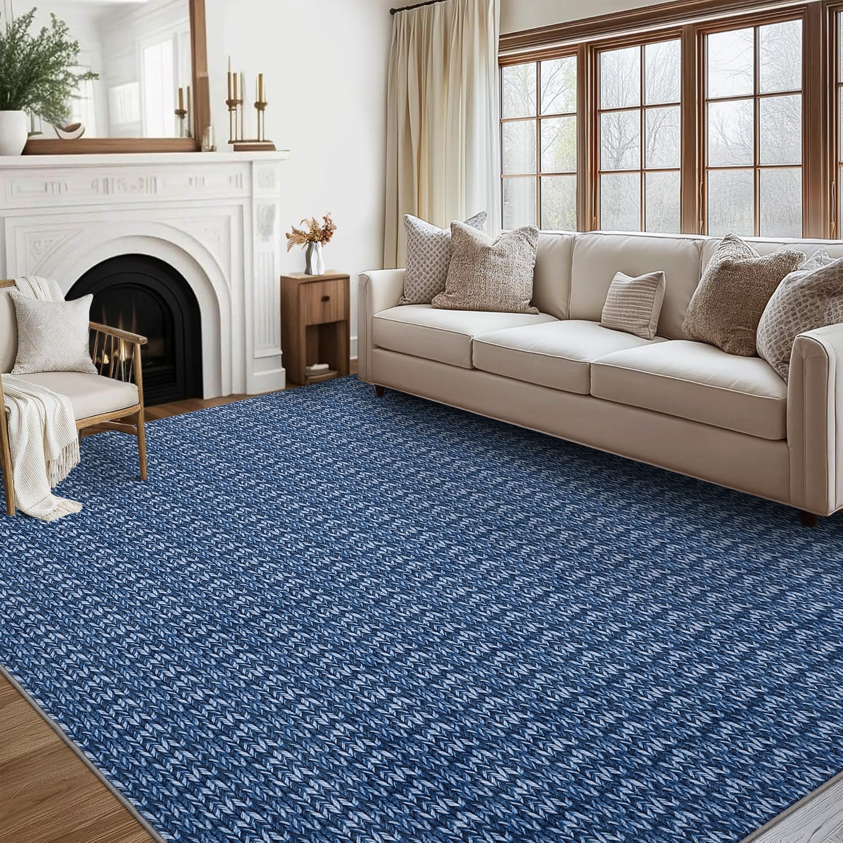 Garvee Modern Blue 9x12 Large Area Rug Braided Print Living Room Rug with Non-Slip Backing, Contemporary Indoor Carpet, Foldable Low Pile Floor Cover for Dining Room, Bedroom