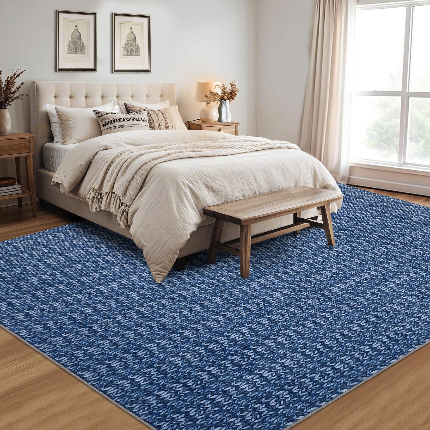 Garvee Modern Blue 9x12 Large Area Rug Braided Print Living Room Rug with Non-Slip Backing, Contemporary Indoor Carpet, Foldable Low Pile Floor Cover for Dining Room, Bedroom